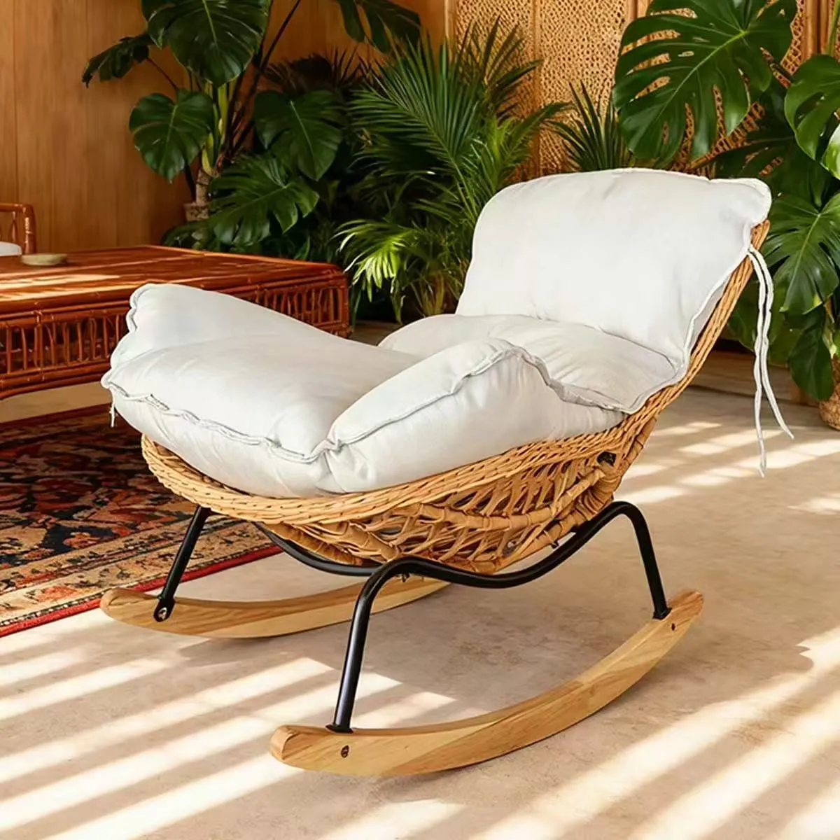 Modern Wicker Rocking Chair with Cushion – Indoor Leisure Lounge Chair for Living Room & Balcony