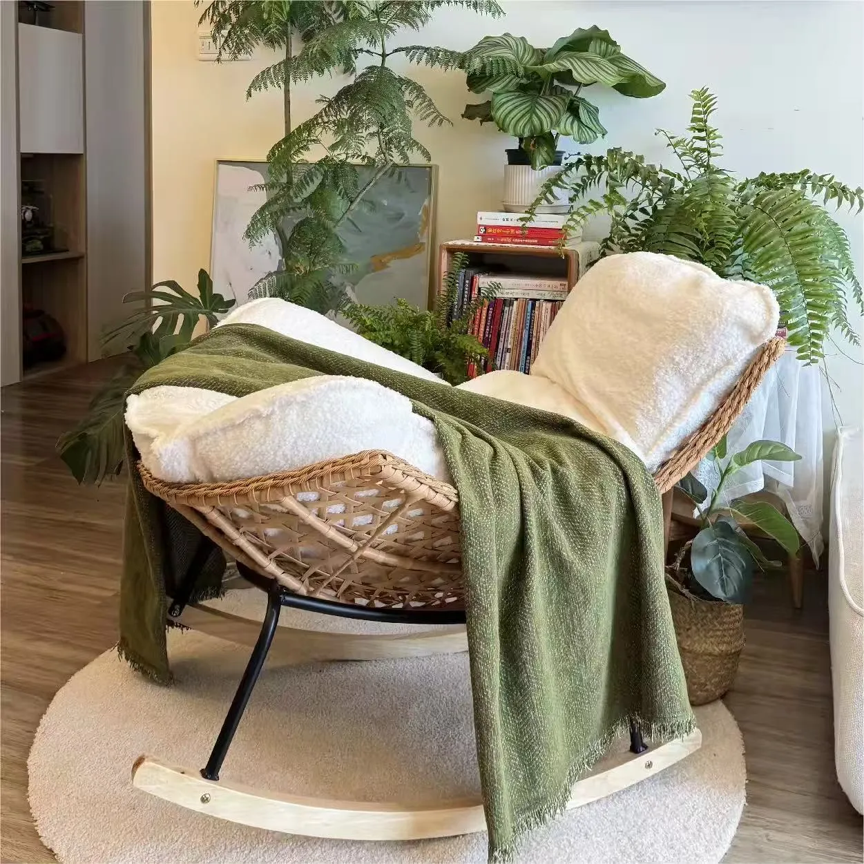 Modern Wicker Rocking Chair with Cushion – Indoor Leisure Lounge Chair for Living Room & Balcony