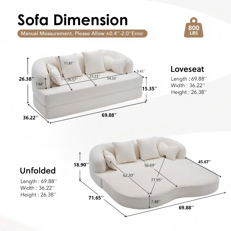 Foldable No-Spring Convertible Sofa Bed（White)