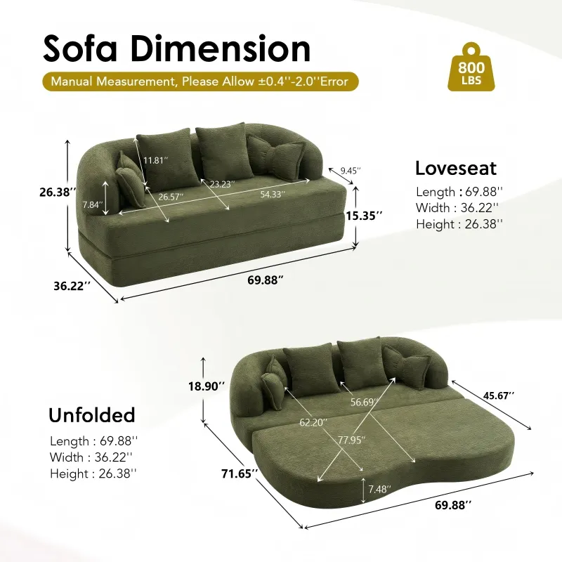Foldable No-Spring Convertible Sofa Bed（Green)
