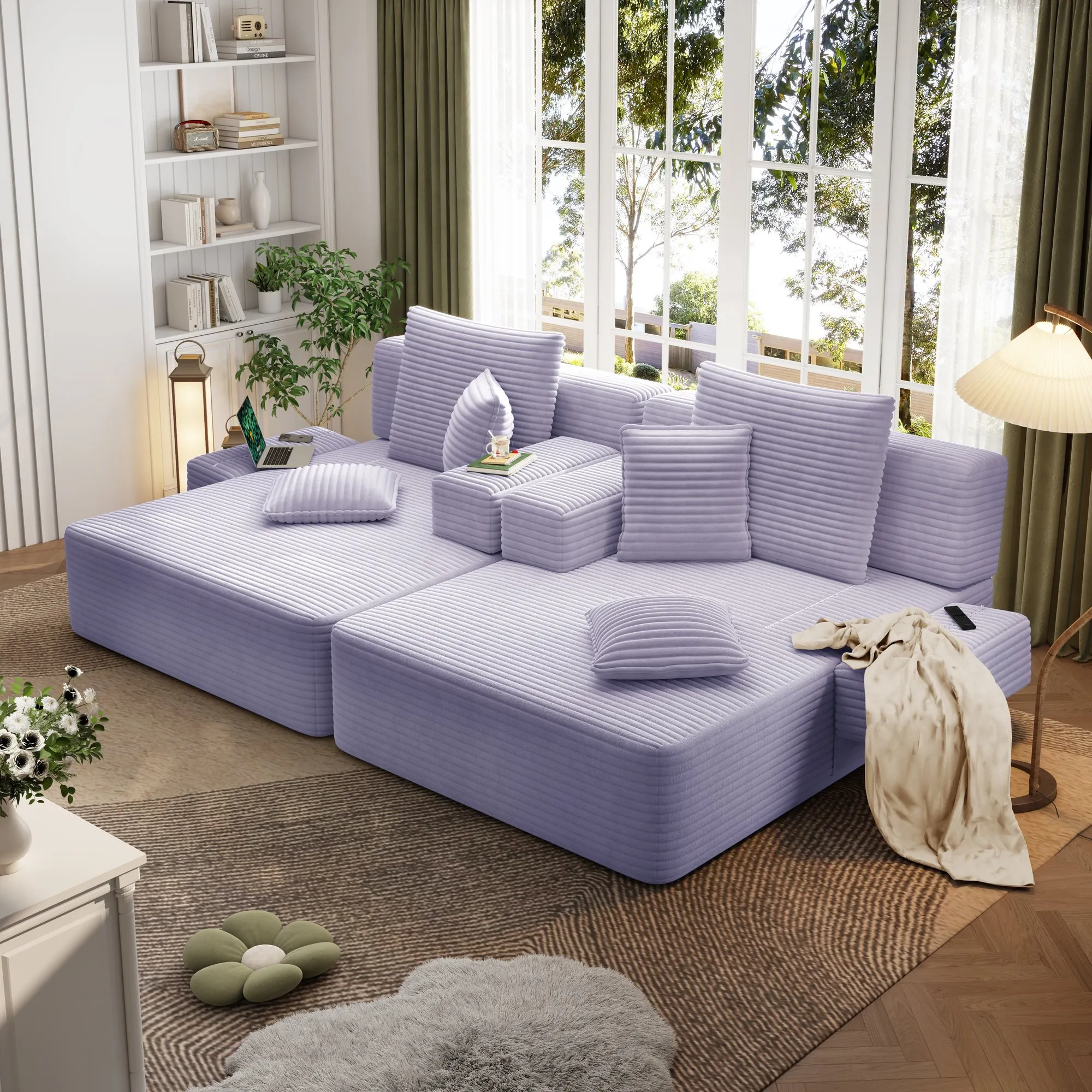 Oversized Corduroy Chaise Lounge Sofa Bed, Convertible Sleeper