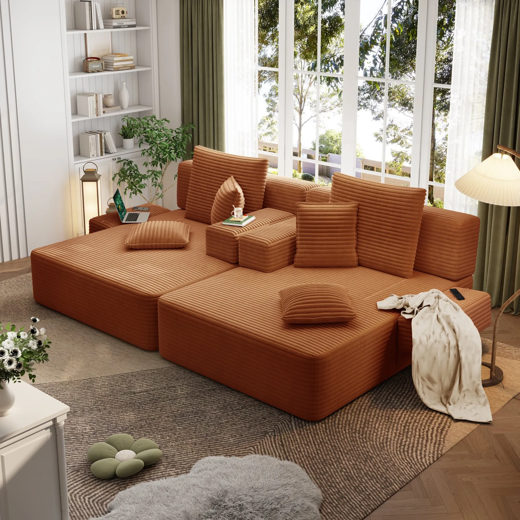 Oversized Corduroy Chaise Lounge Sofa Bed, Convertible Sleeper