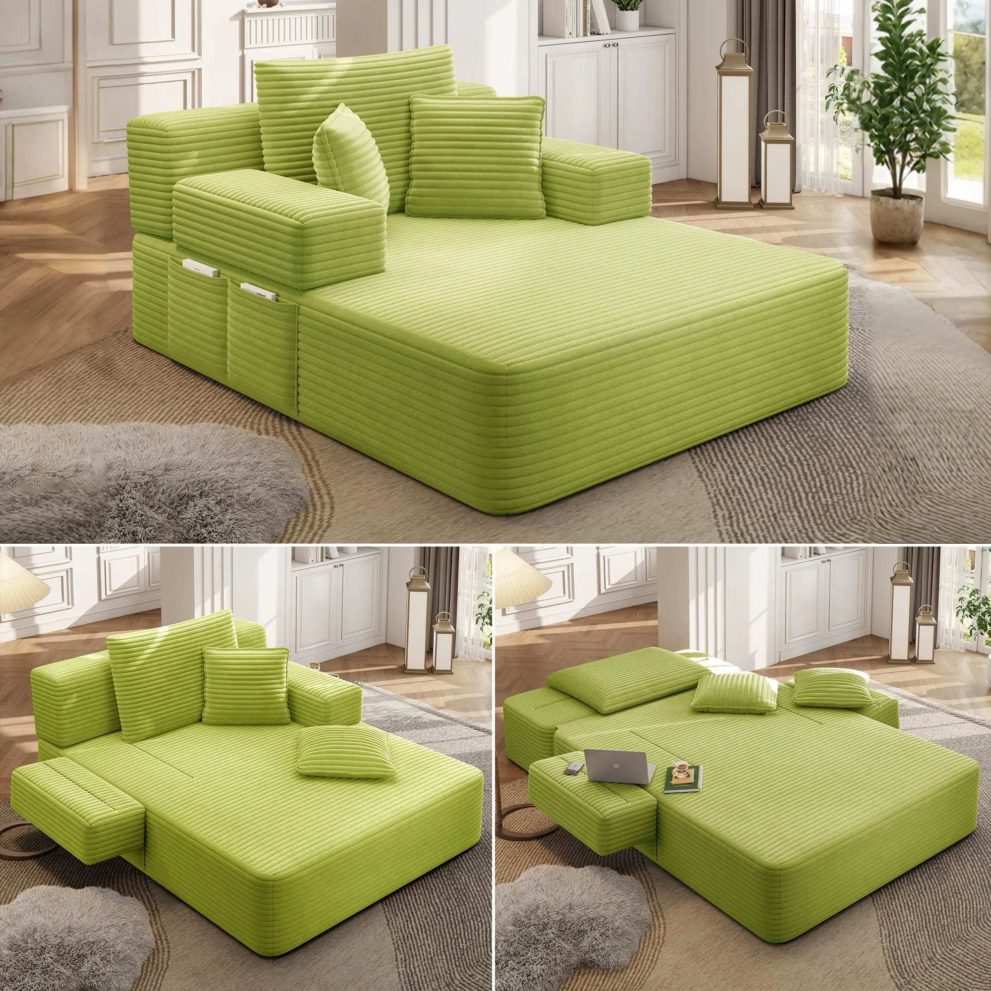 Oversized Corduroy Chaise Lounge Sofa Bed, Convertible Sleeper