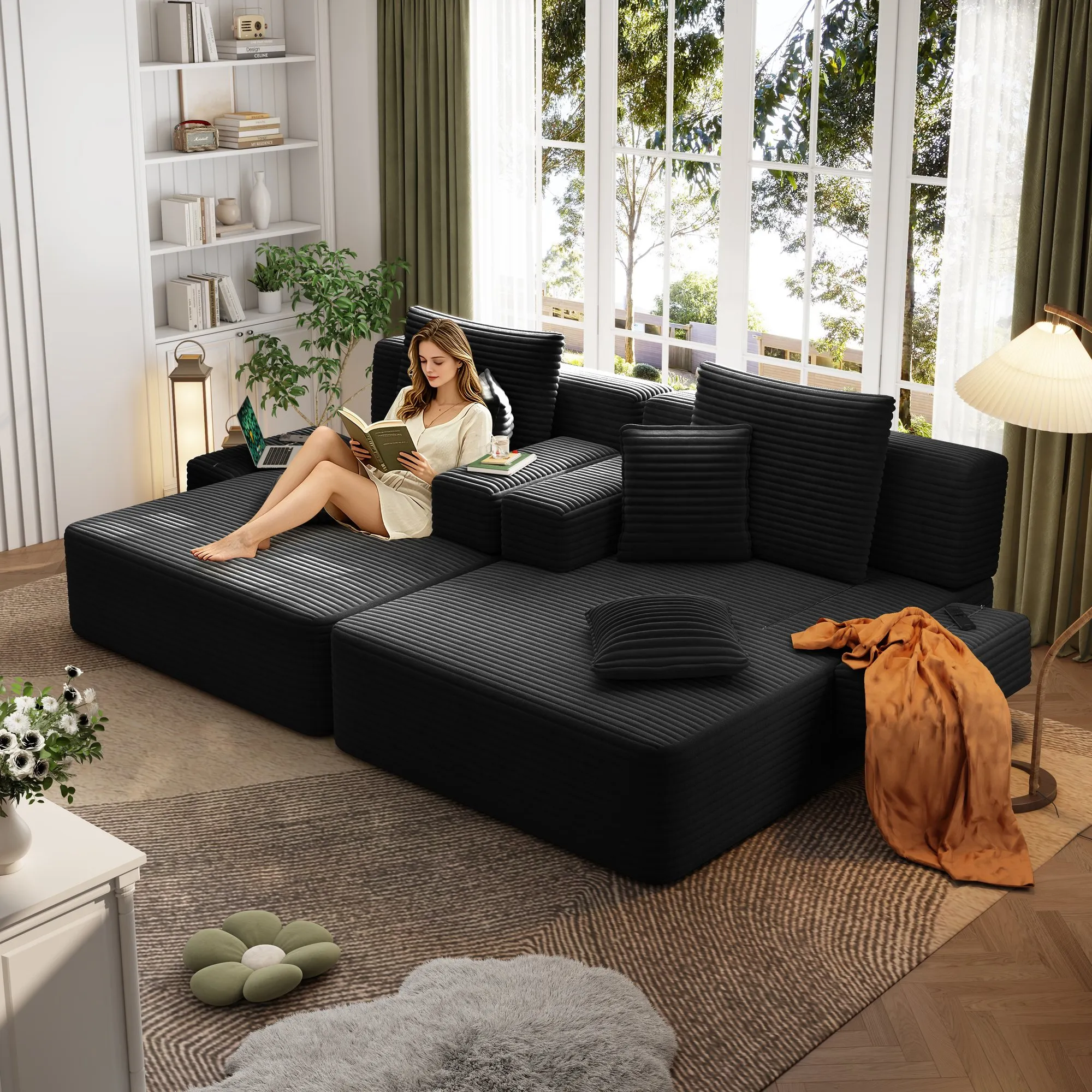 Oversized Corduroy Chaise Lounge Sofa Bed, Convertible Sleeper
