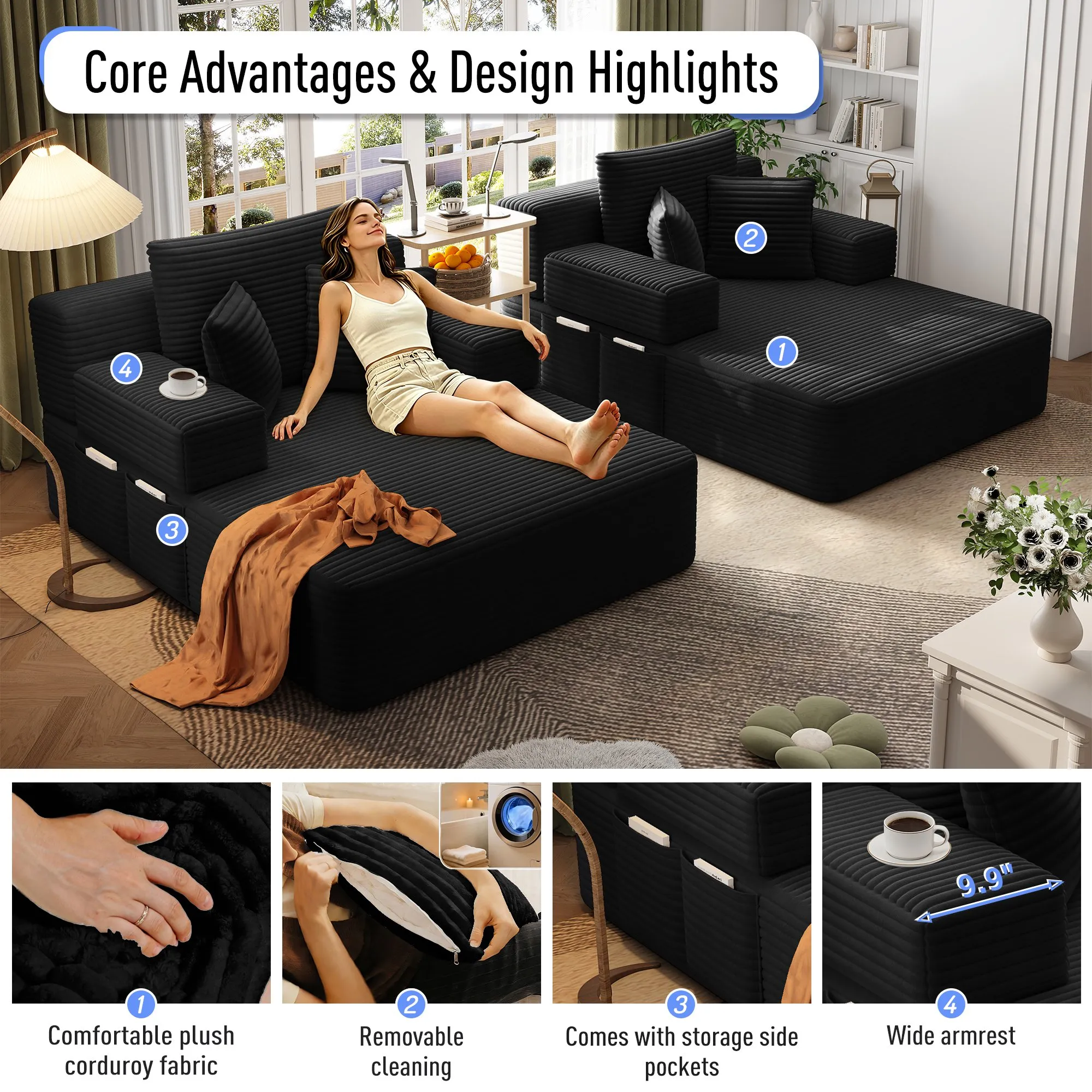 Oversized Corduroy Chaise Lounge Sofa Bed, Convertible Sleeper