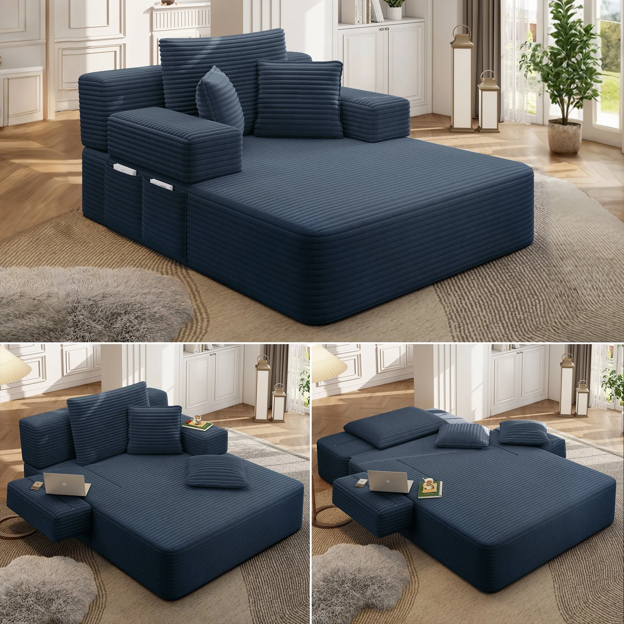 Oversized Corduroy Chaise Lounge Sofa Bed, Convertible Sleeper