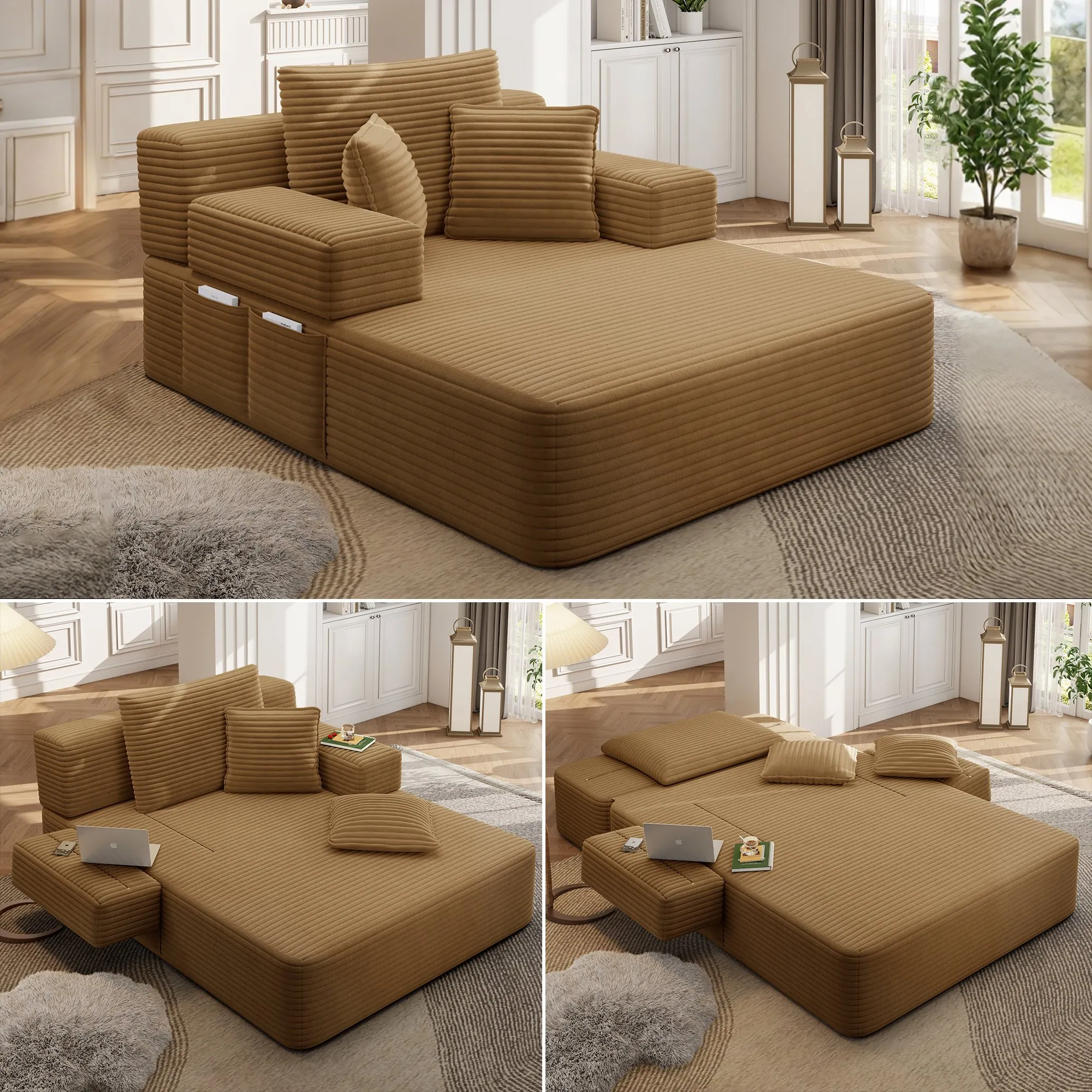Oversized Corduroy Chaise Lounge Sofa Bed, Convertible Sleeper