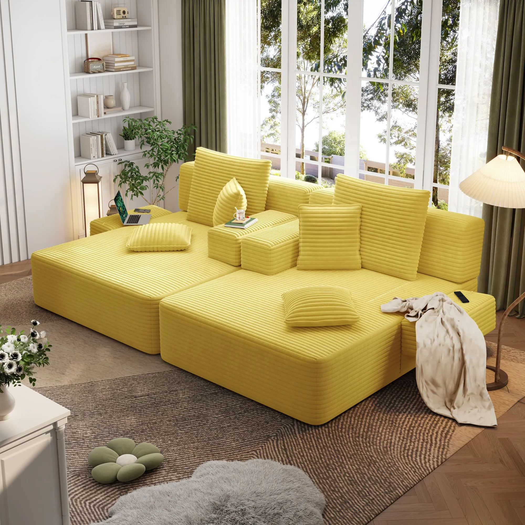 Oversized Corduroy Chaise Lounge Sofa Bed, Convertible Sleeper