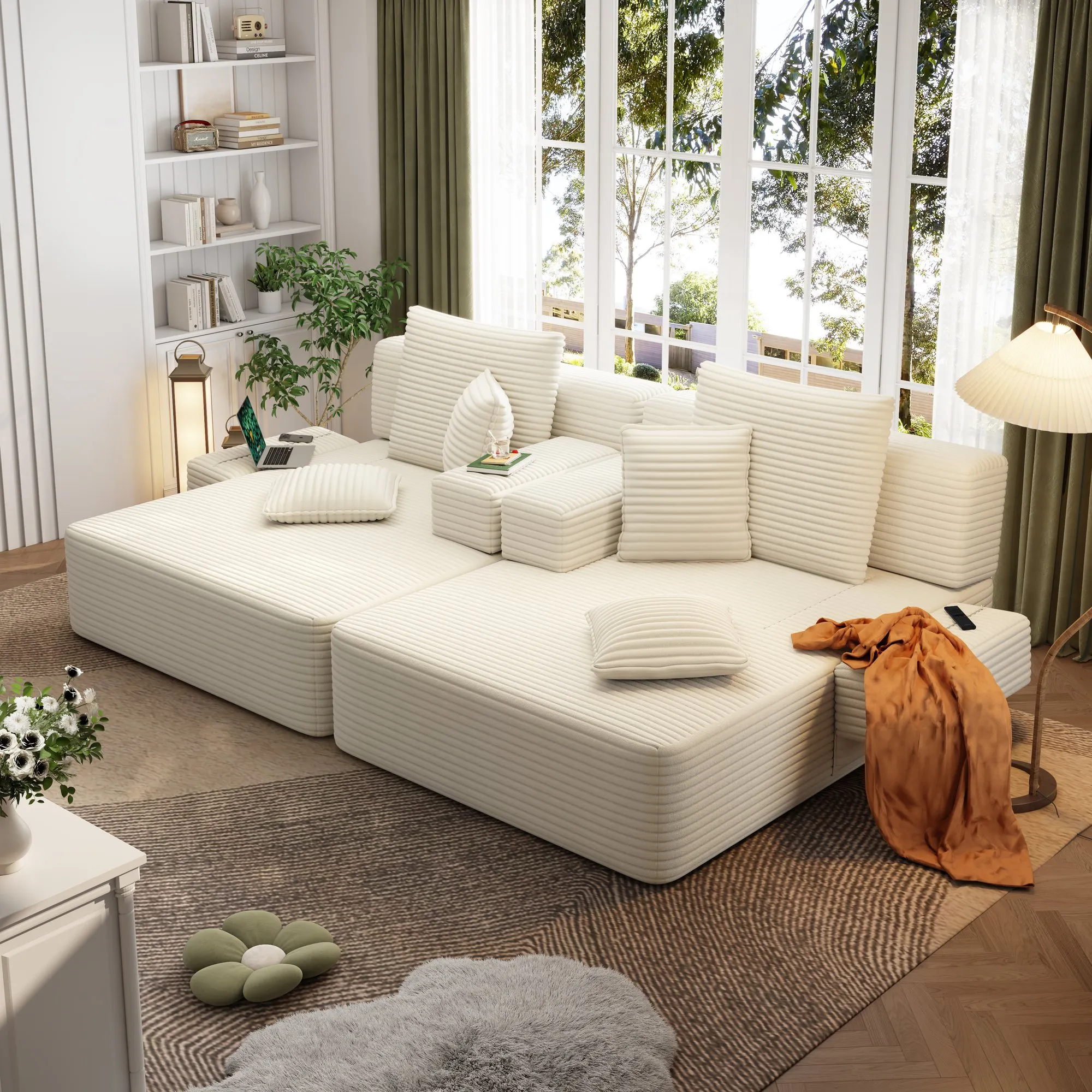 Oversized Corduroy Chaise Lounge Sofa Bed, Convertible Sleeper