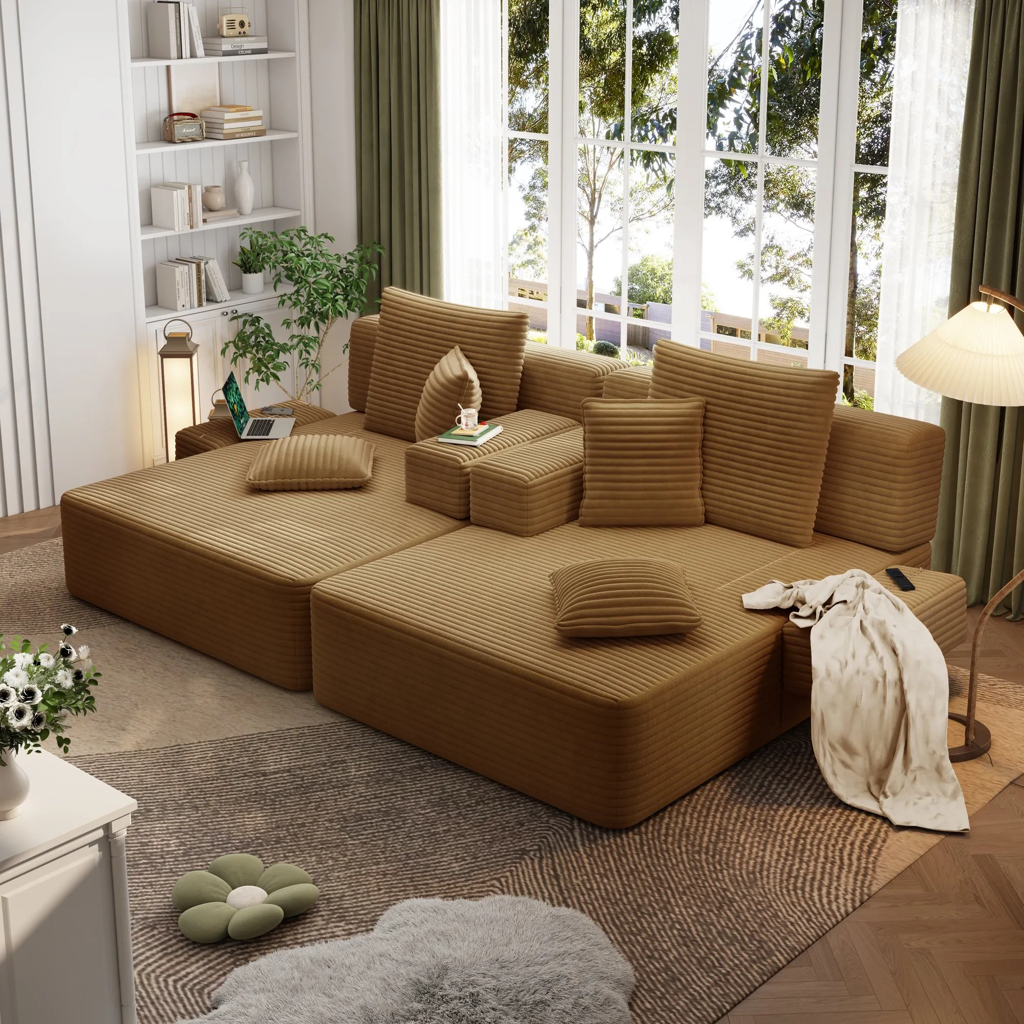 Oversized Corduroy Chaise Lounge Sofa Bed, Convertible Sleeper