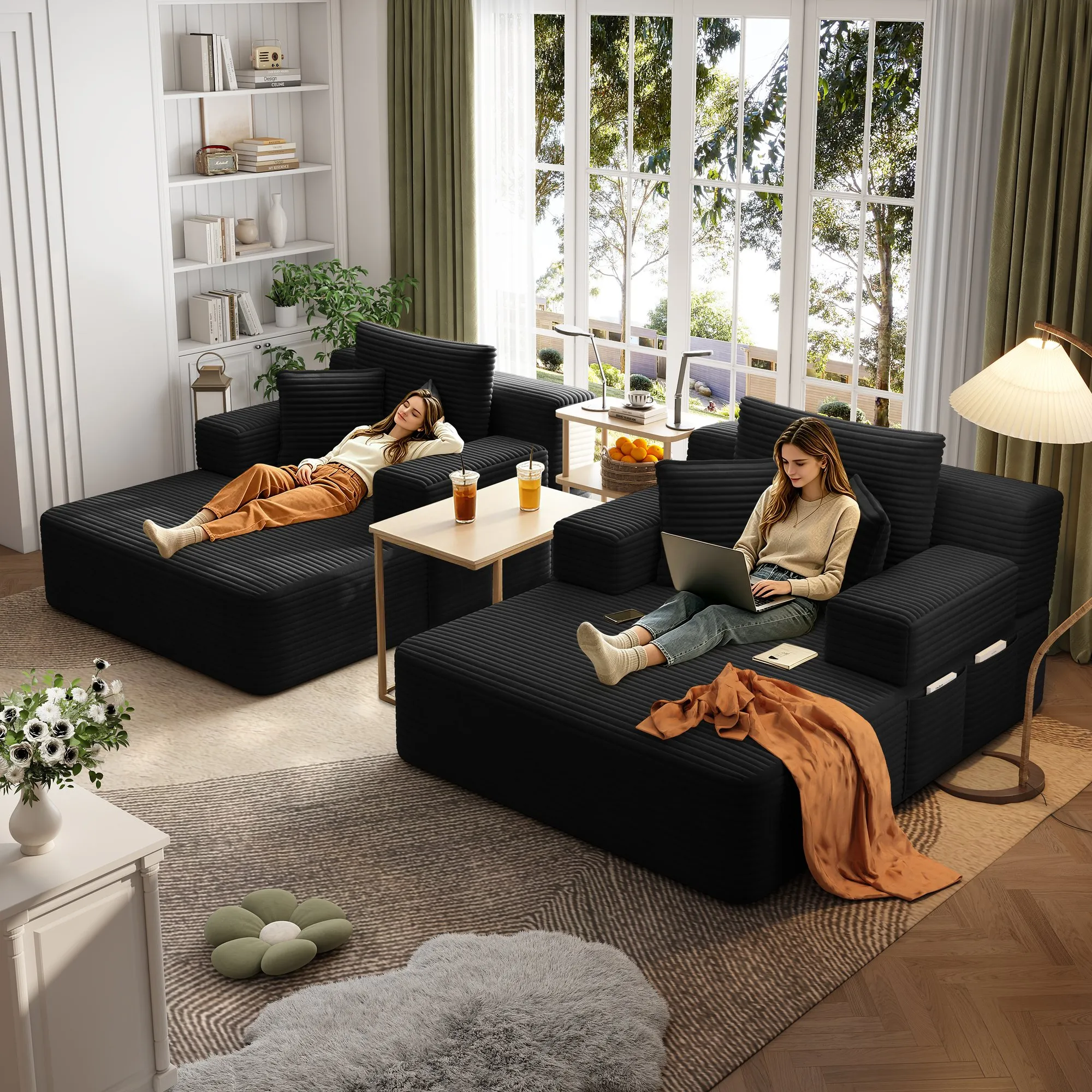 Oversized Corduroy Chaise Lounge Sofa Bed, Convertible Sleeper