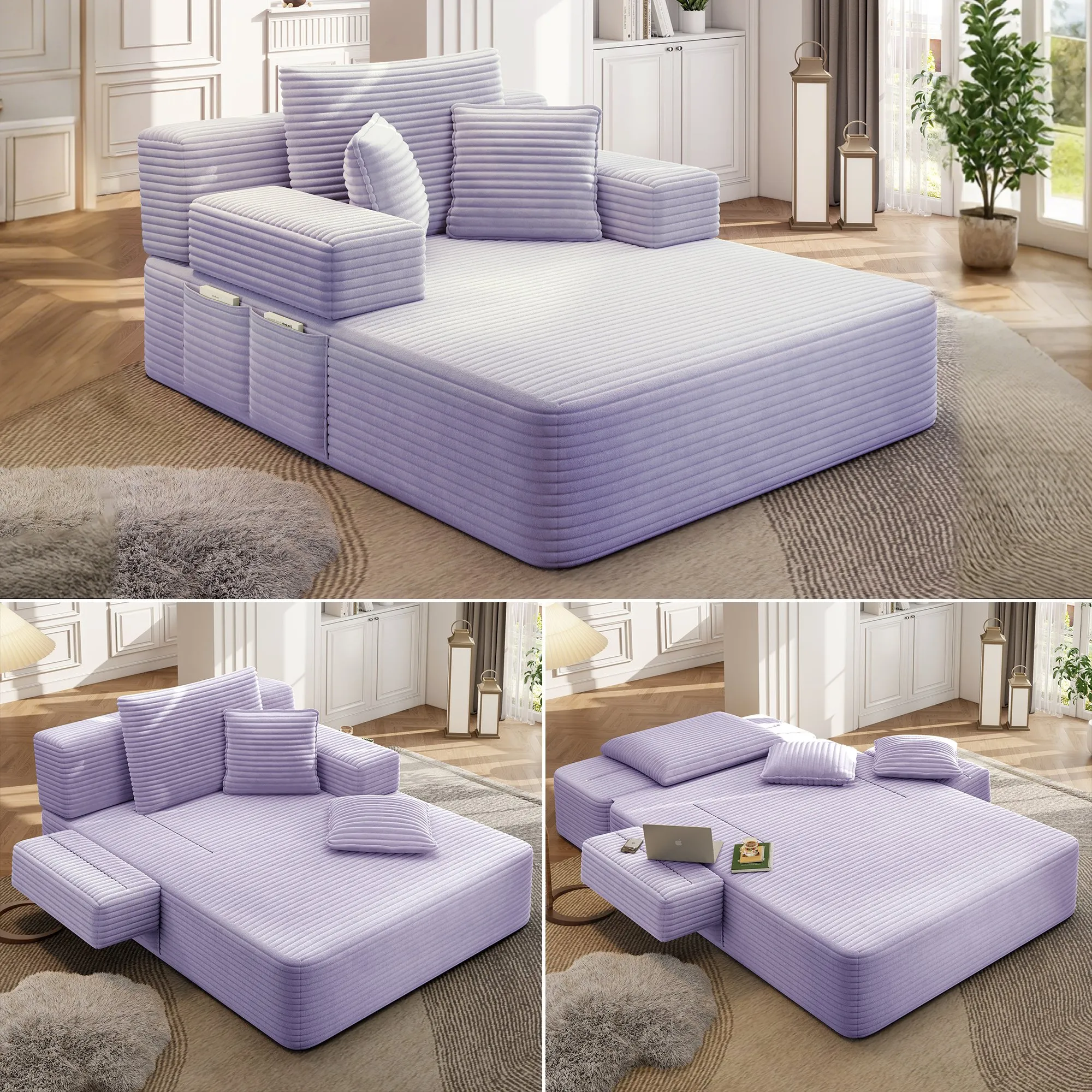 Oversized Corduroy Chaise Lounge Sofa Bed, Convertible Sleeper