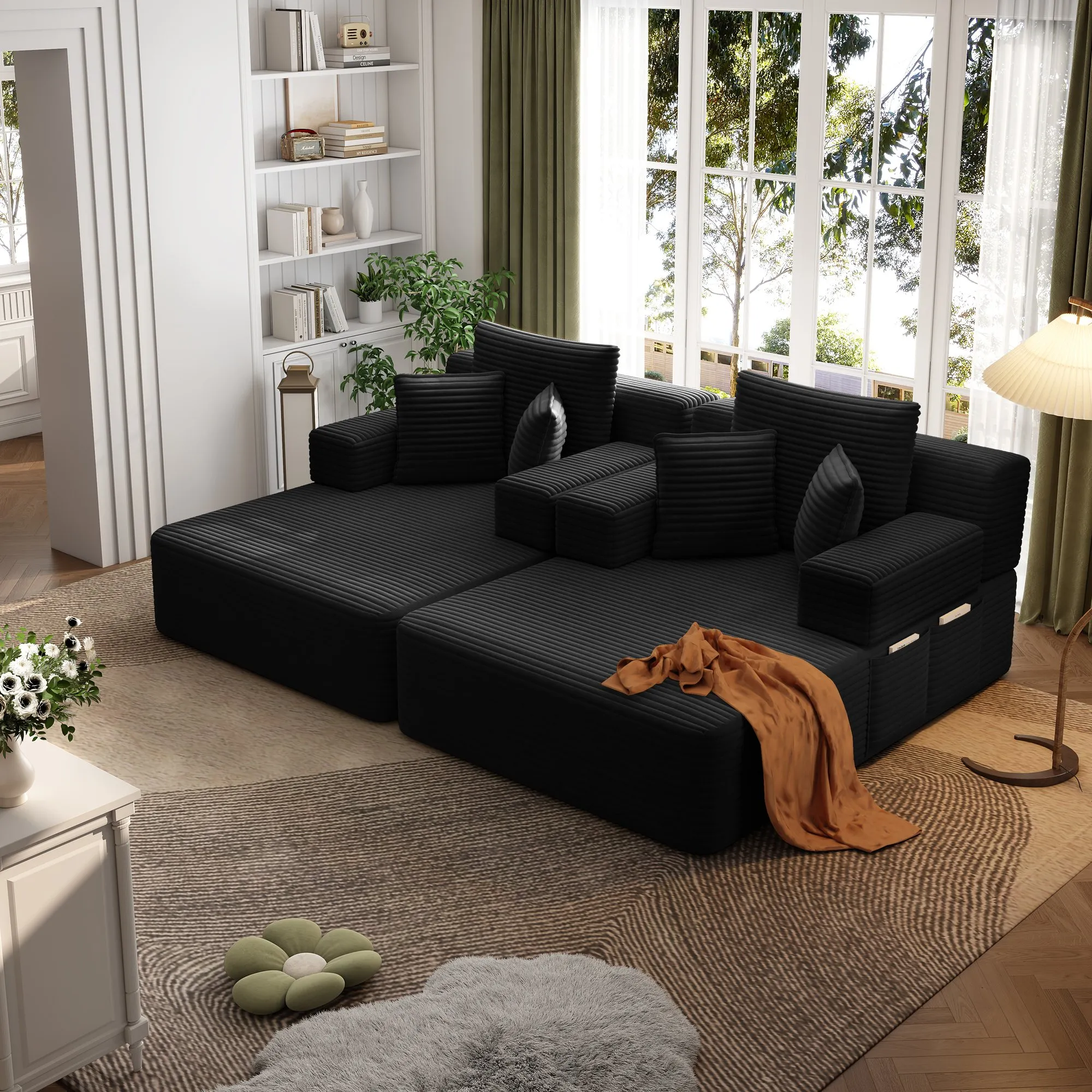Oversized Corduroy Chaise Lounge Sofa Bed, Convertible Sleeper