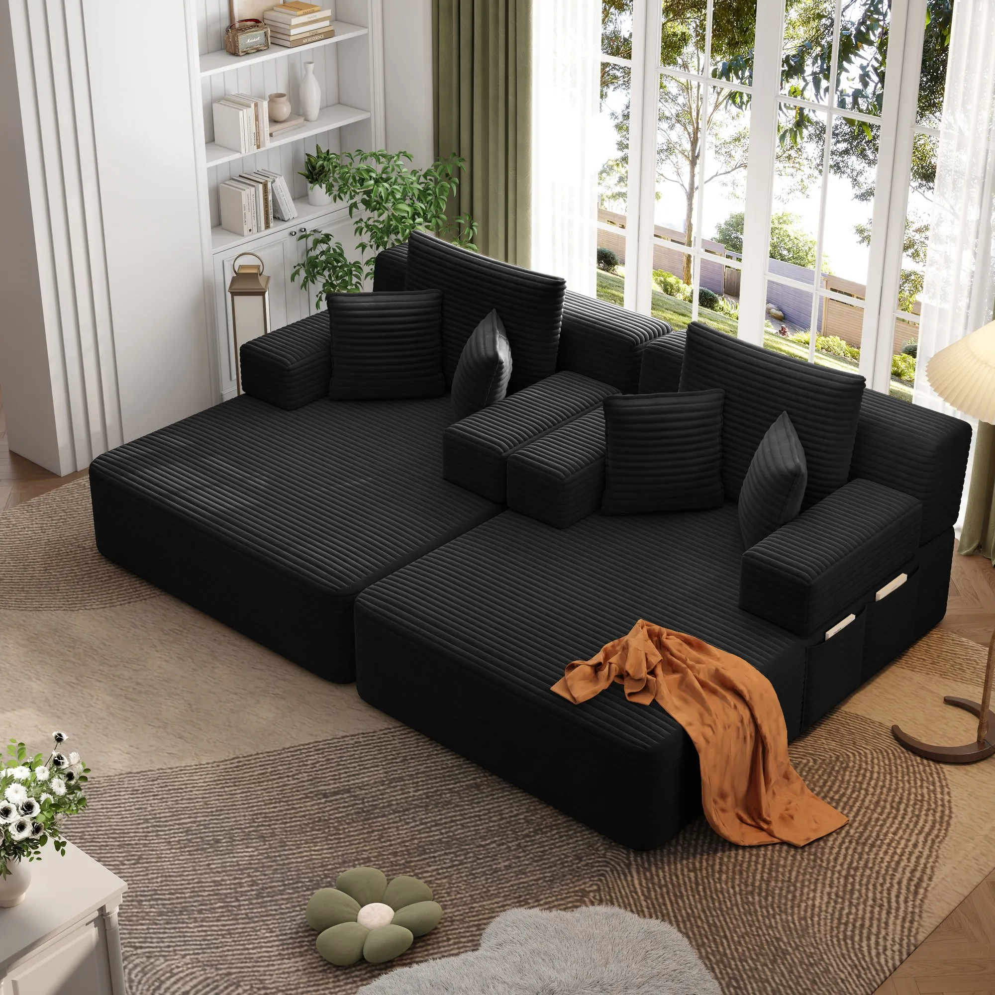 Oversized Corduroy Chaise Lounge Sofa Bed, Convertible Sleeper