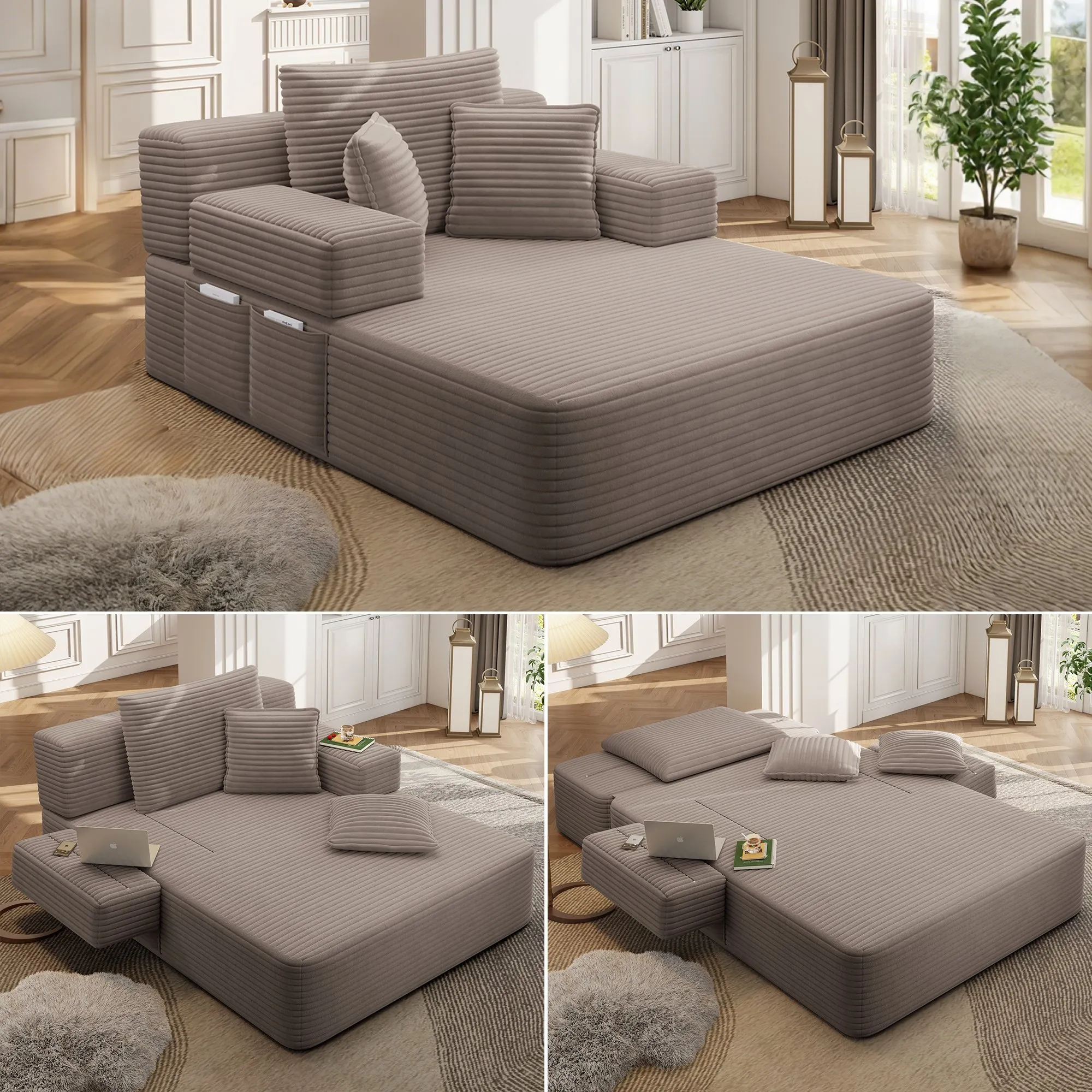 Oversized Corduroy Chaise Lounge Sofa Bed, Convertible Sleeper