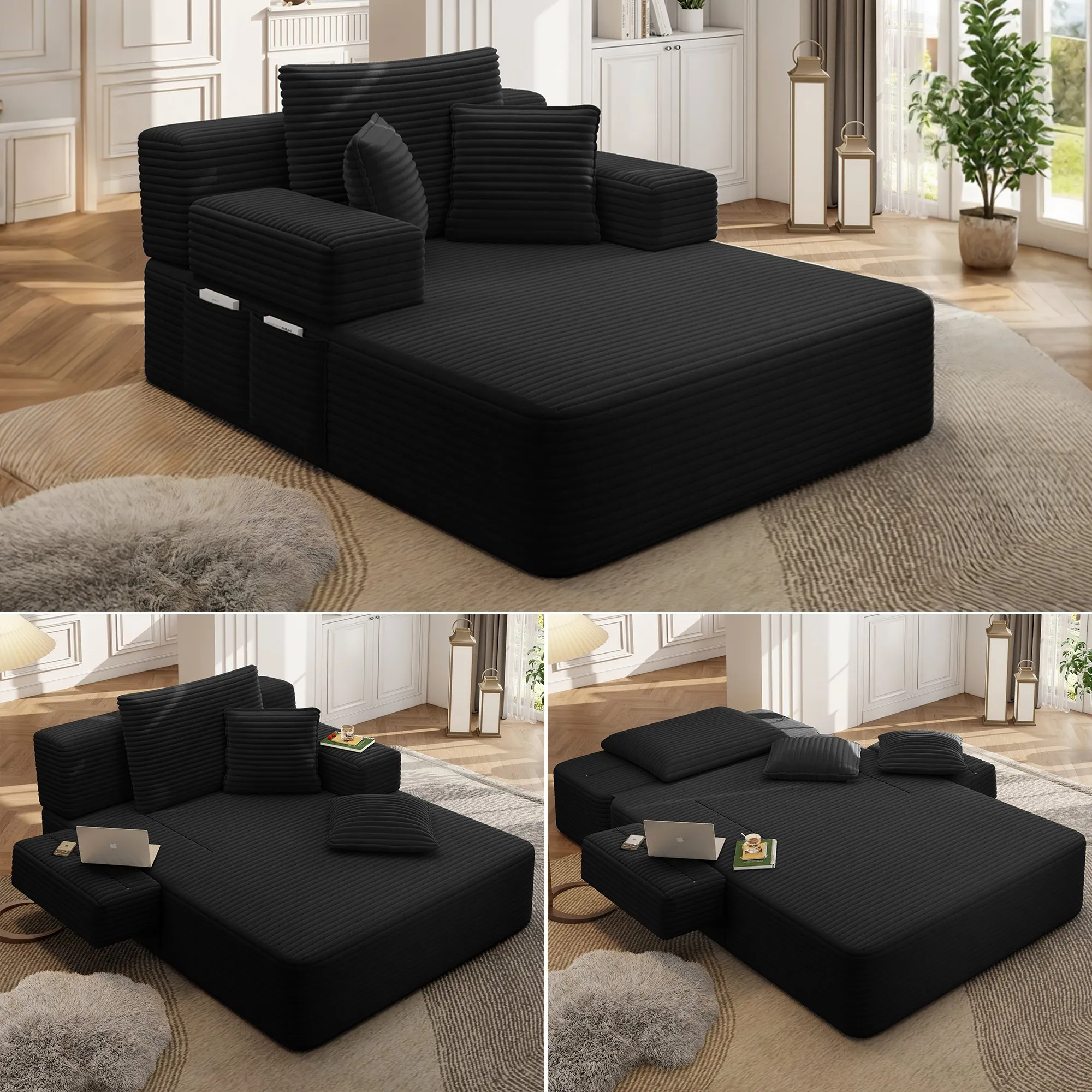 Oversized Corduroy Chaise Lounge Sofa Bed, Convertible Sleeper