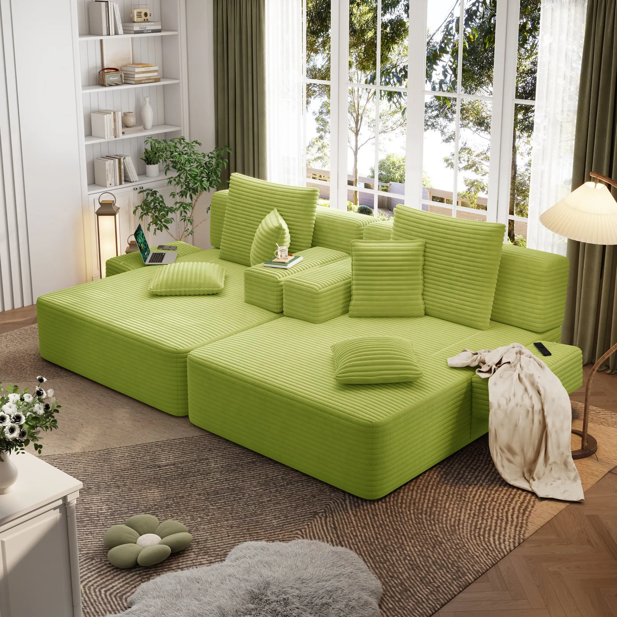 Oversized Corduroy Chaise Lounge Sofa Bed, Convertible Sleeper