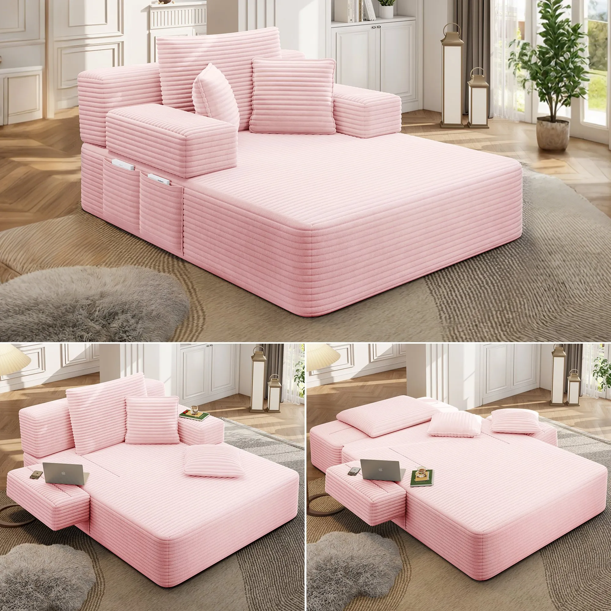 Oversized Corduroy Chaise Lounge Sofa Bed, Convertible Sleeper