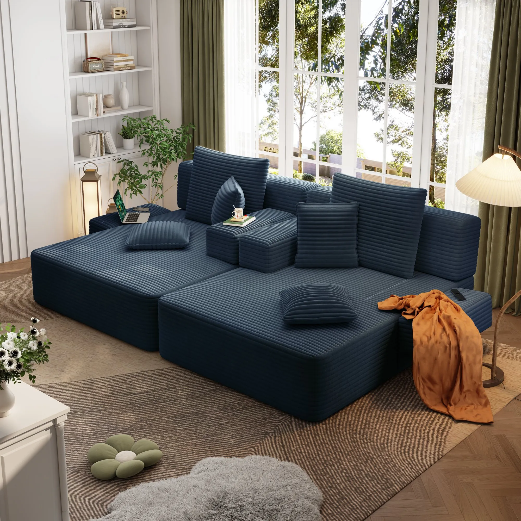 Oversized Corduroy Chaise Lounge Sofa Bed, Convertible Sleeper