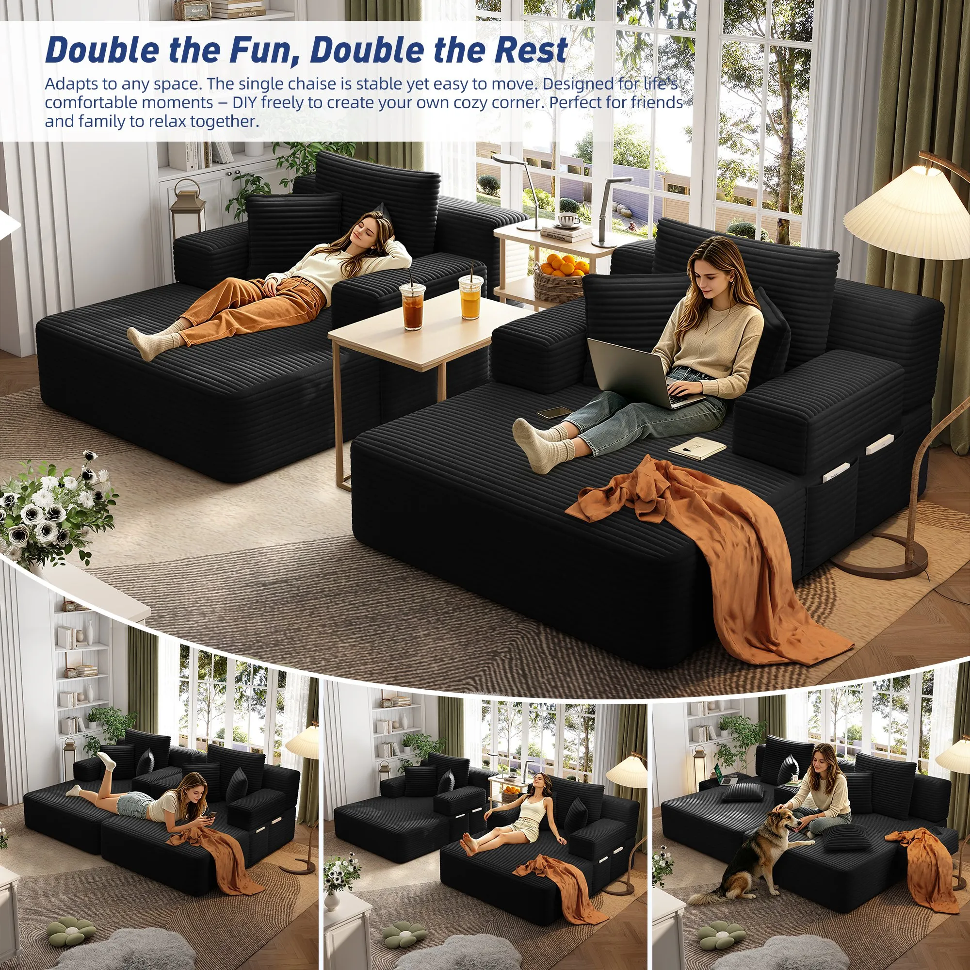 Oversized Corduroy Chaise Lounge Sofa Bed, Convertible Sleeper