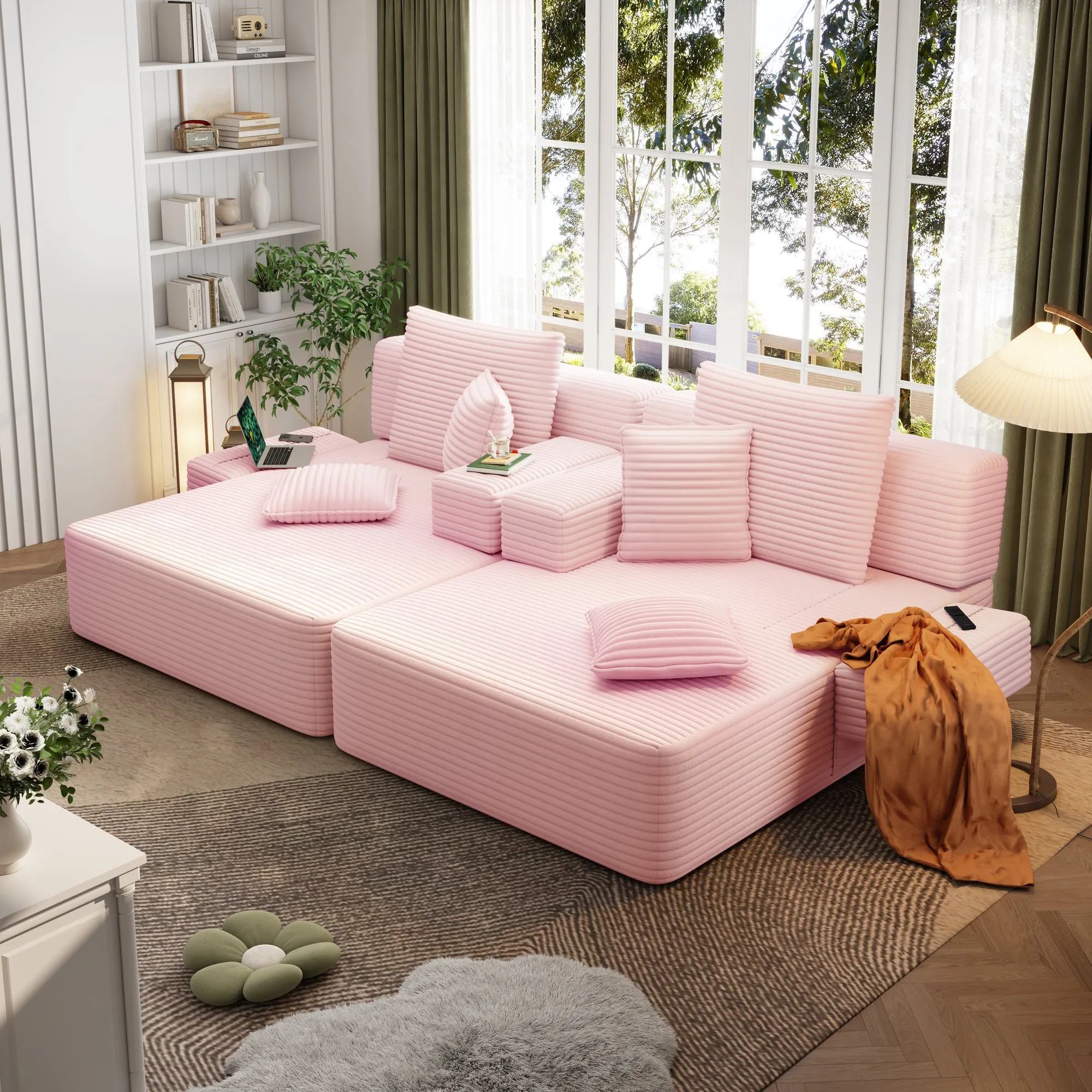 Oversized Corduroy Chaise Lounge Sofa Bed, Convertible Sleeper
