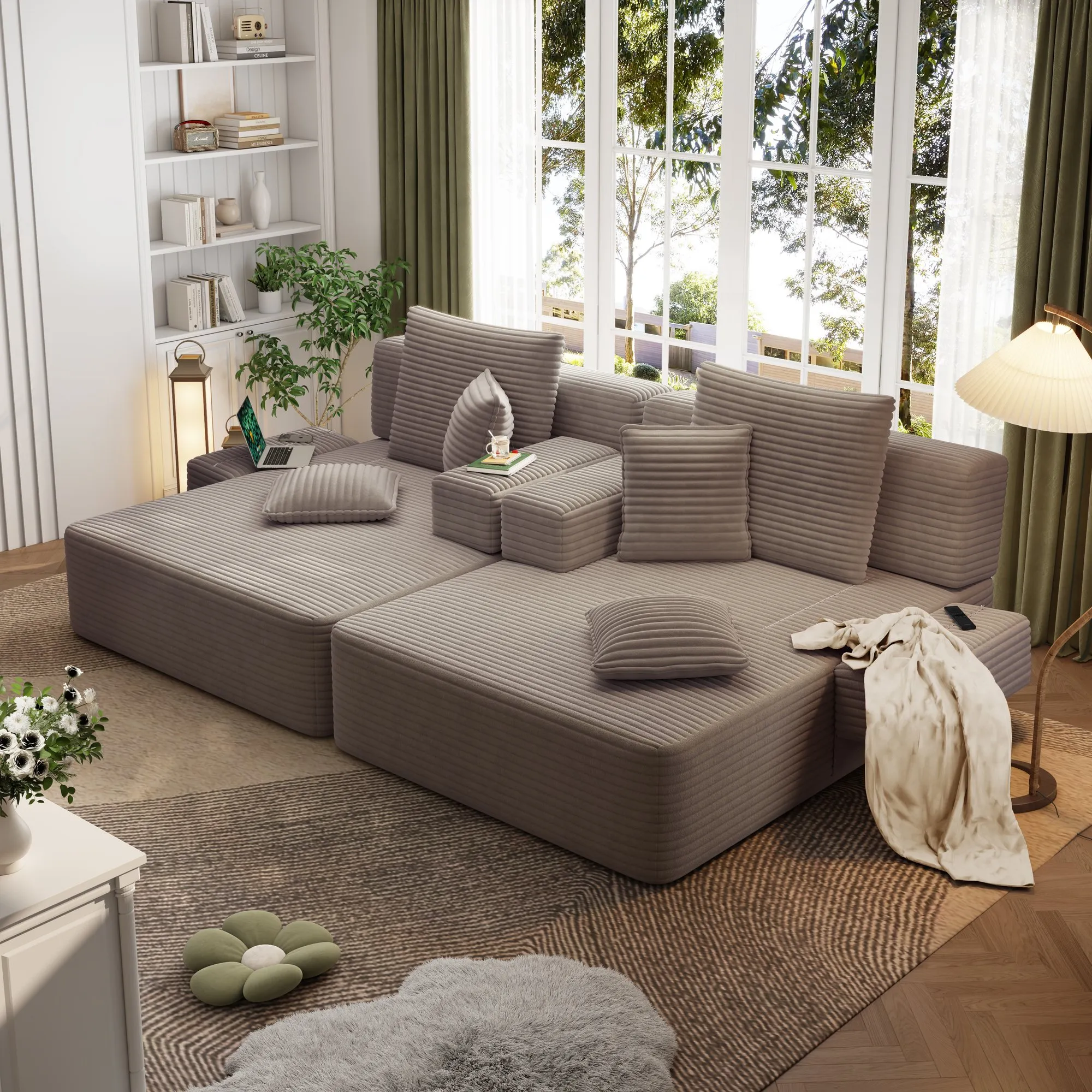 Oversized Corduroy Chaise Lounge Sofa Bed, Convertible Sleeper
