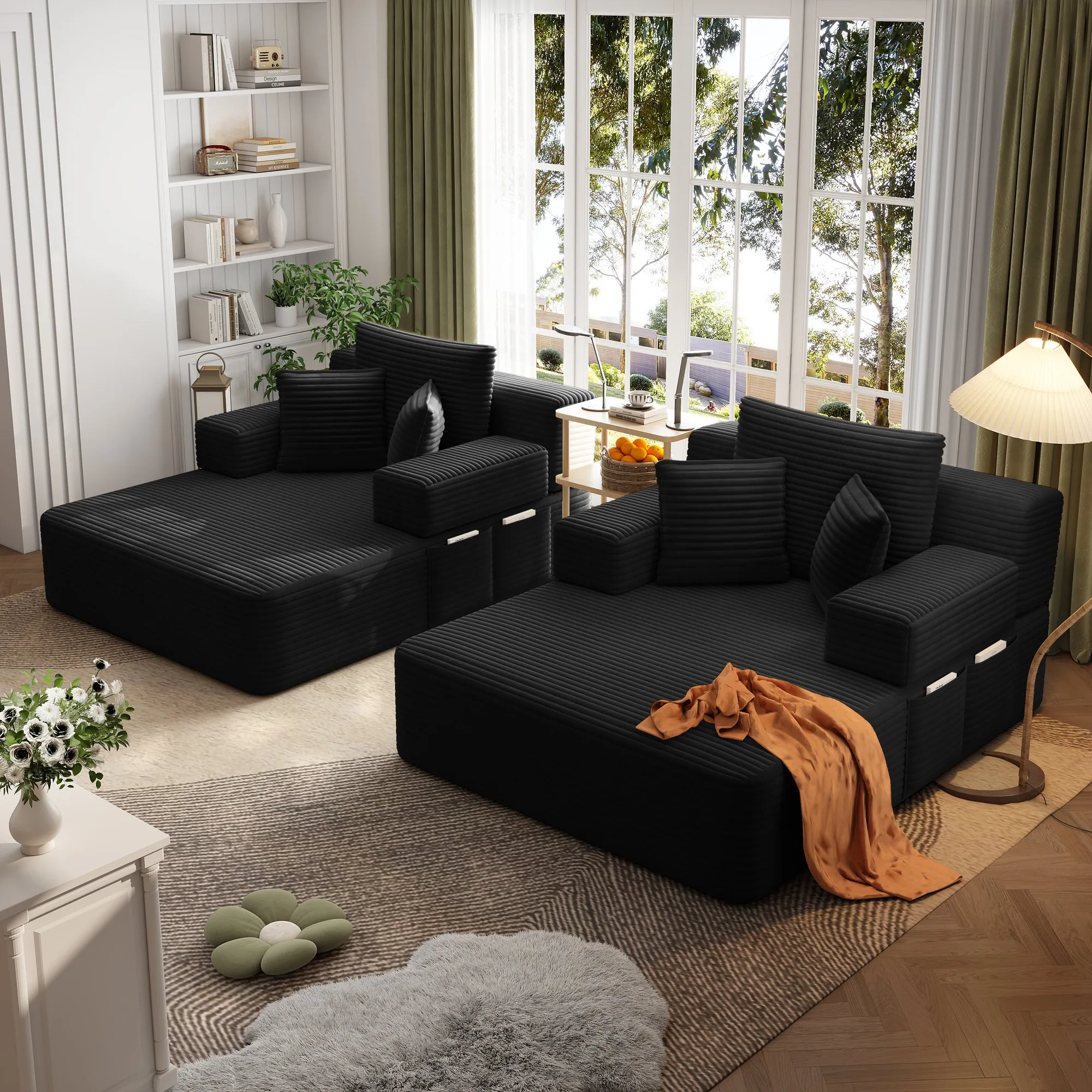 Oversized Corduroy Chaise Lounge Sofa Bed, Convertible Sleeper