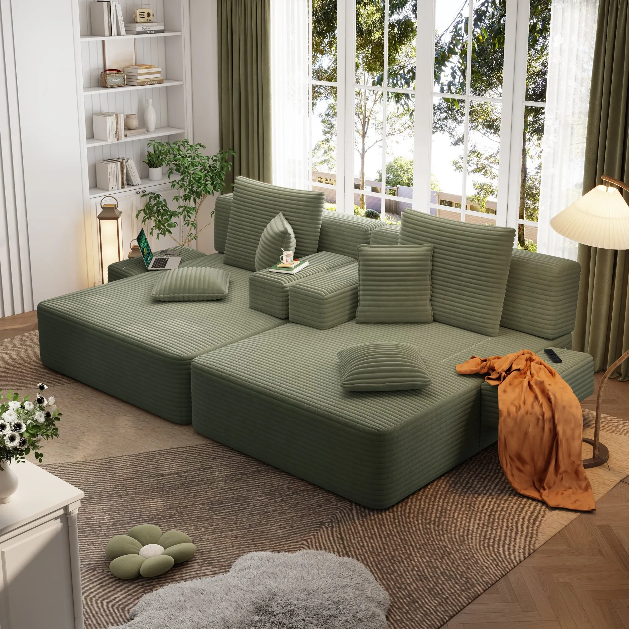 Oversized Corduroy Chaise Lounge Sofa Bed, Convertible Sleeper