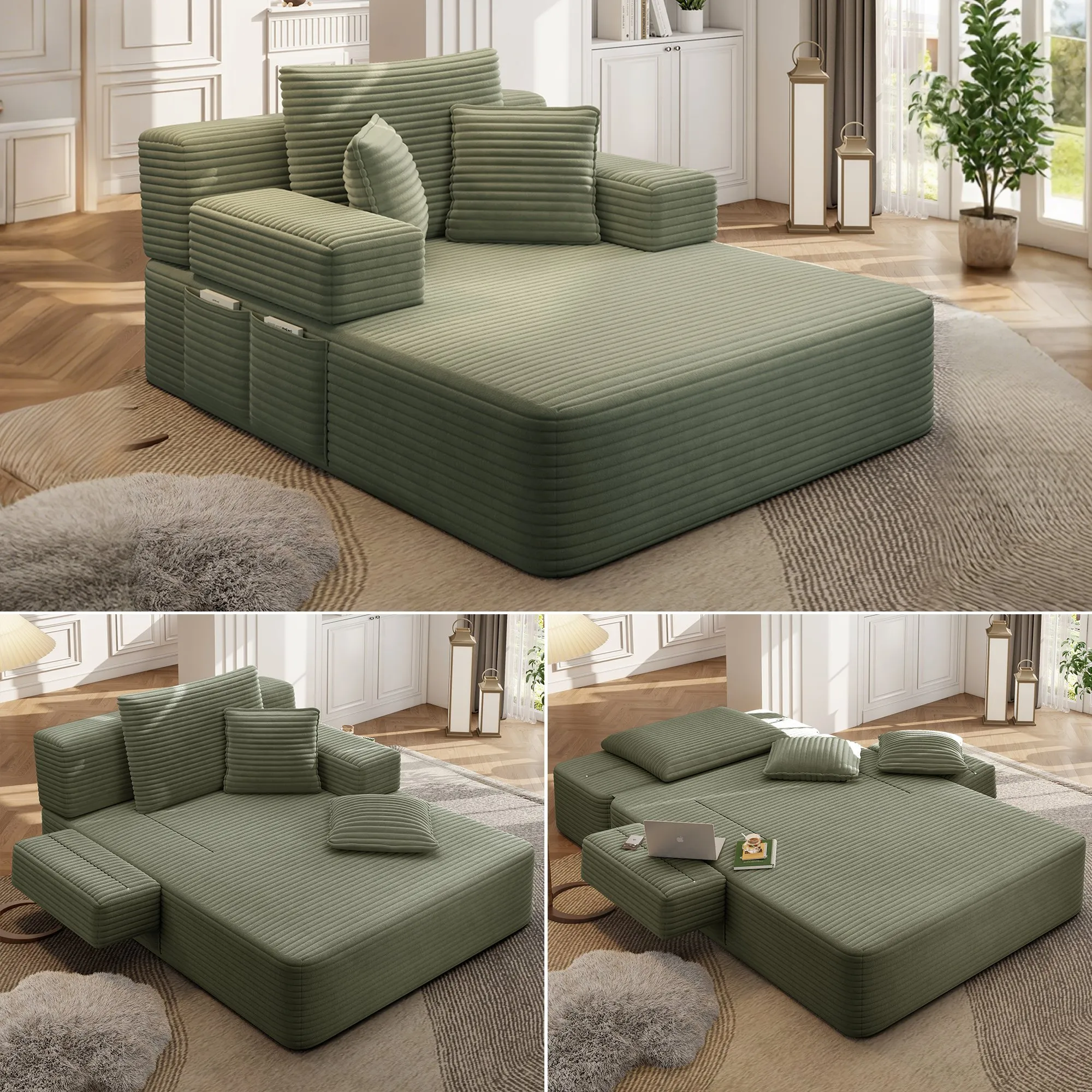 Oversized Corduroy Chaise Lounge Sofa Bed, Convertible Sleeper