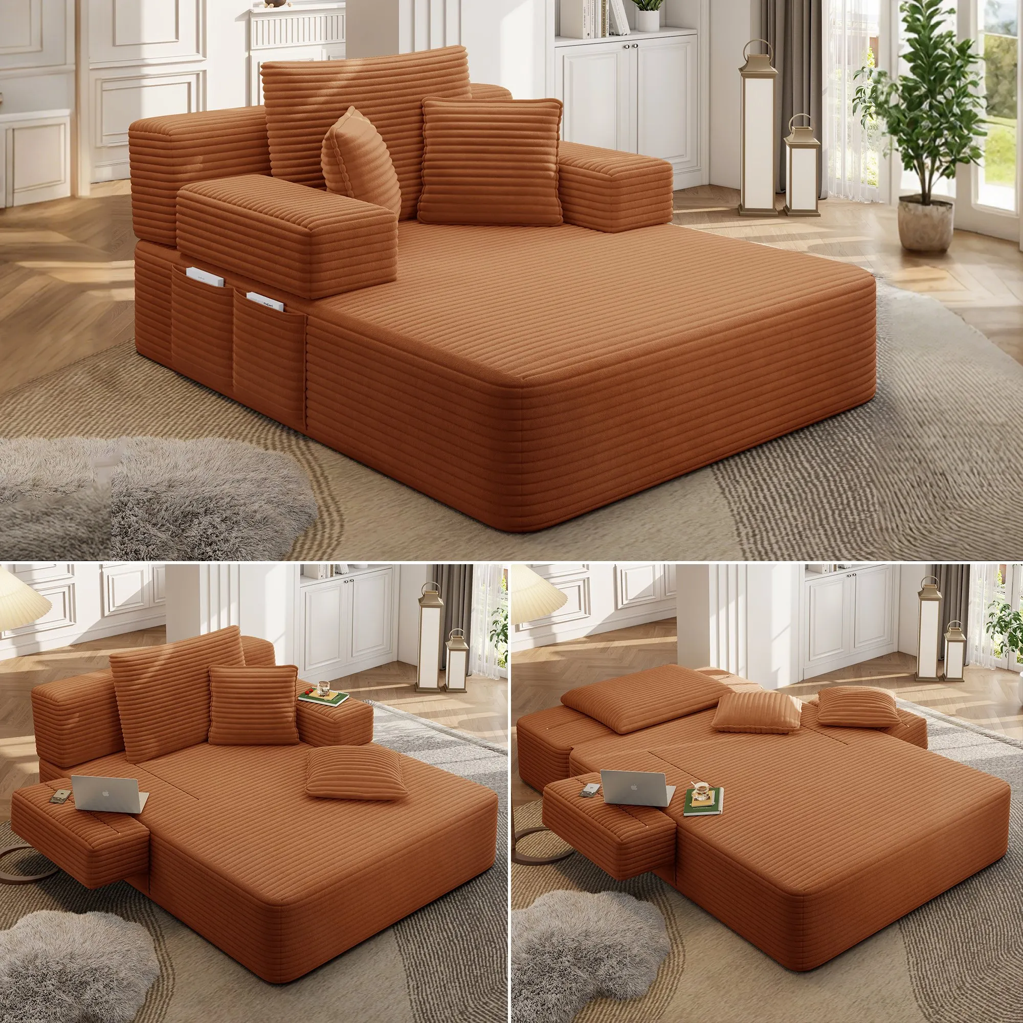 Oversized Corduroy Chaise Lounge Sofa Bed, Convertible Sleeper