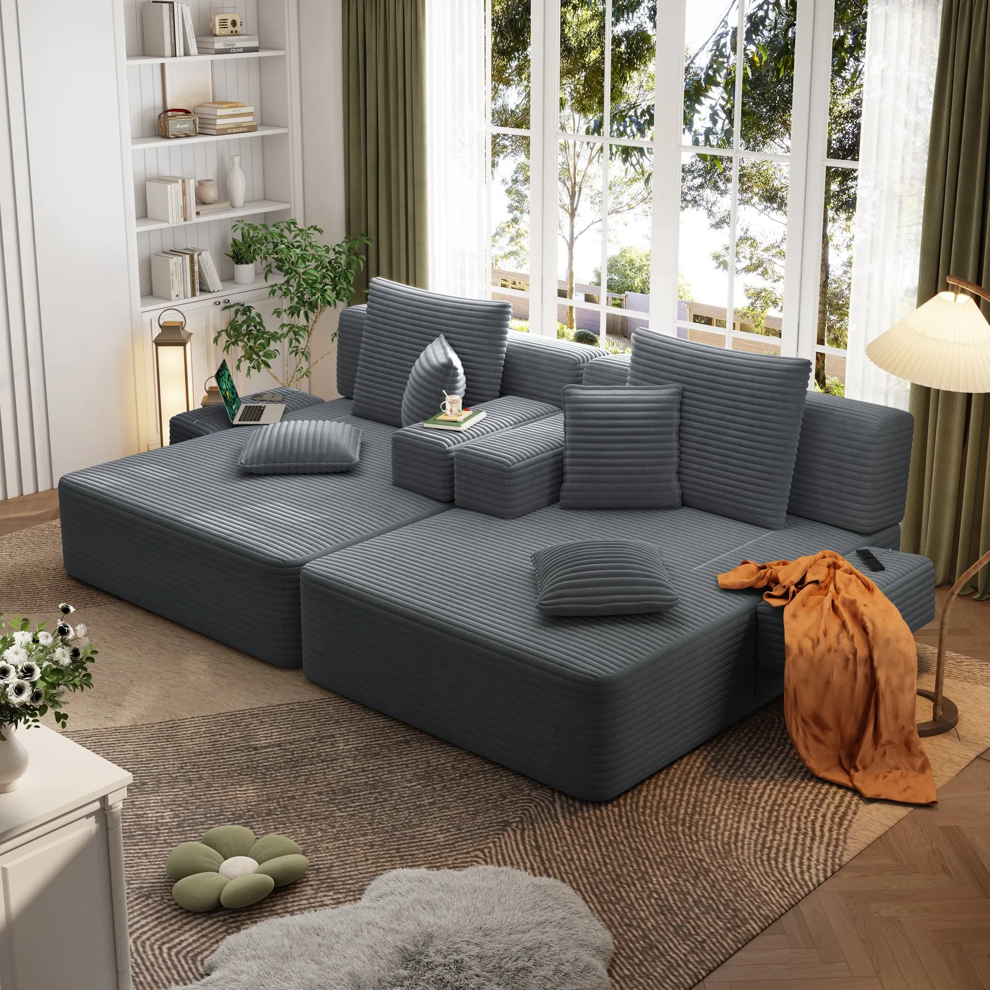 Oversized Corduroy Chaise Lounge Sofa Bed, Convertible Sleeper