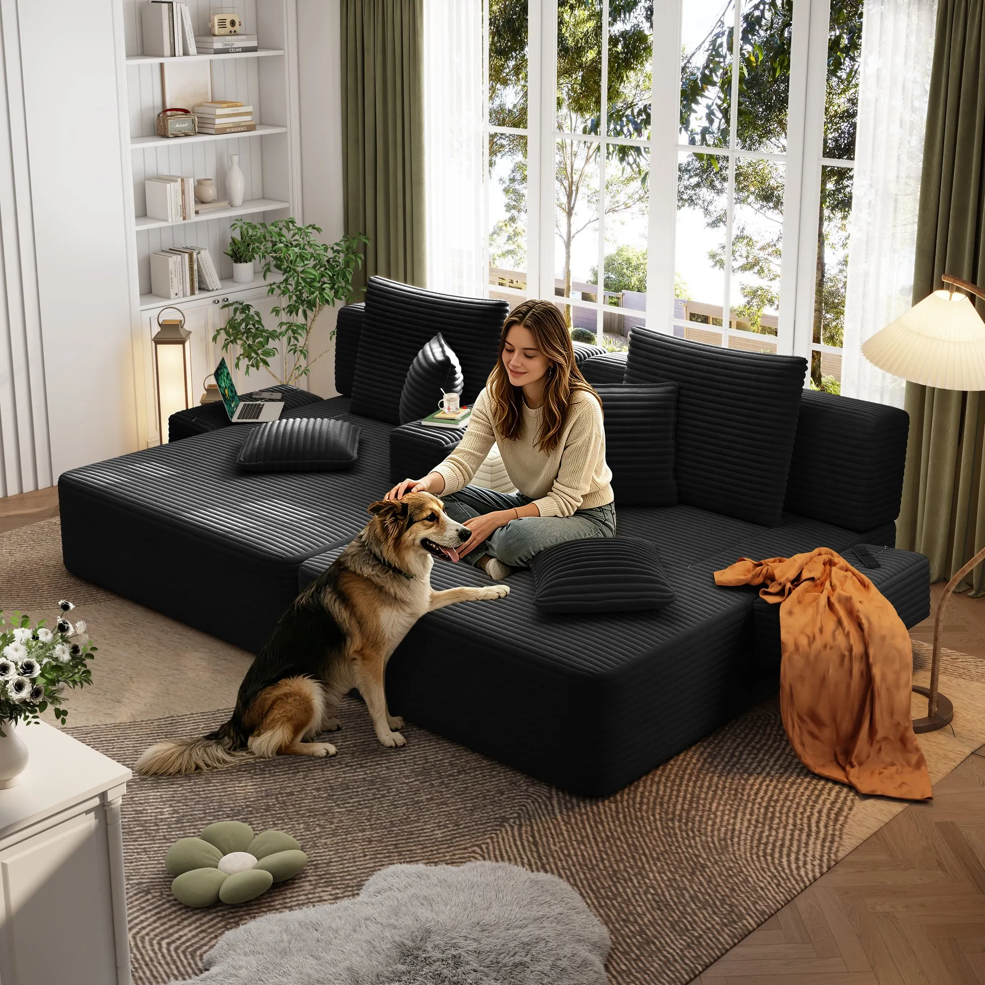Oversized Corduroy Chaise Lounge Sofa Bed, Convertible Sleeper