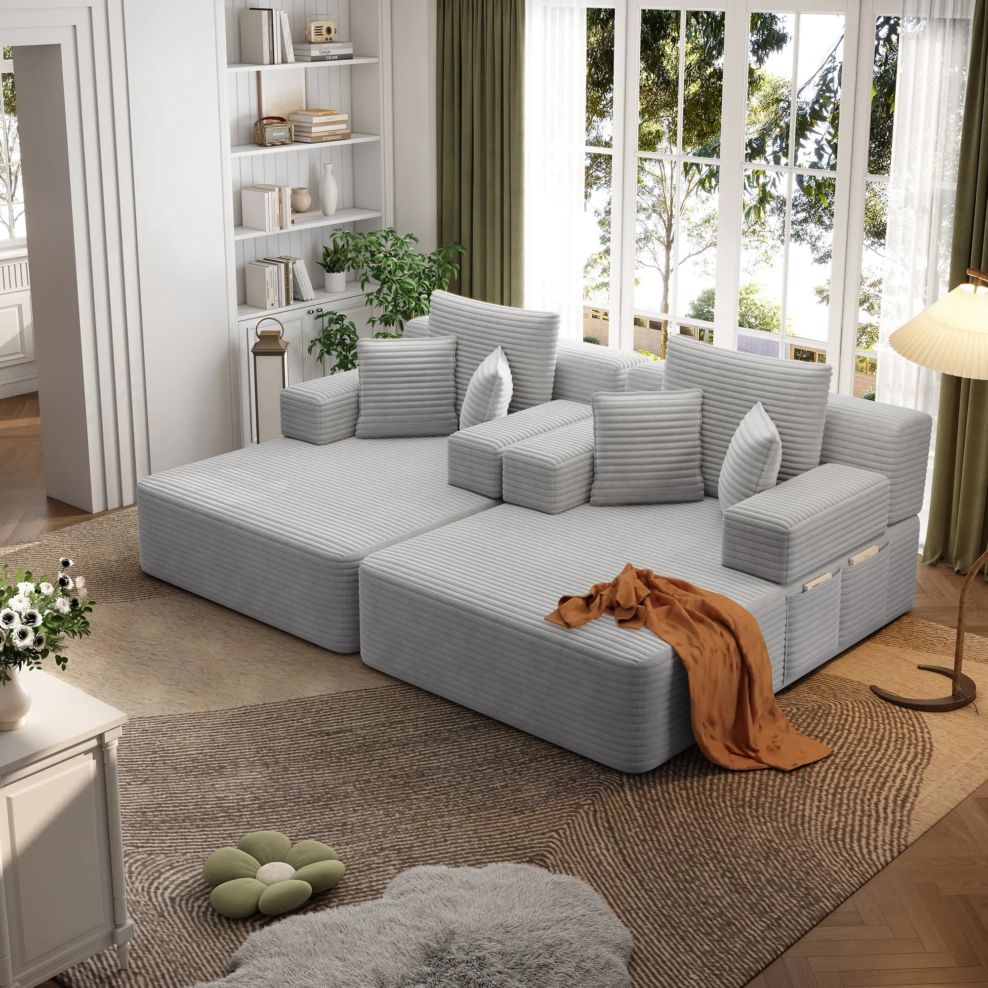 Oversized Corduroy Chaise Lounge Sofa Bed, Convertible Sleeper