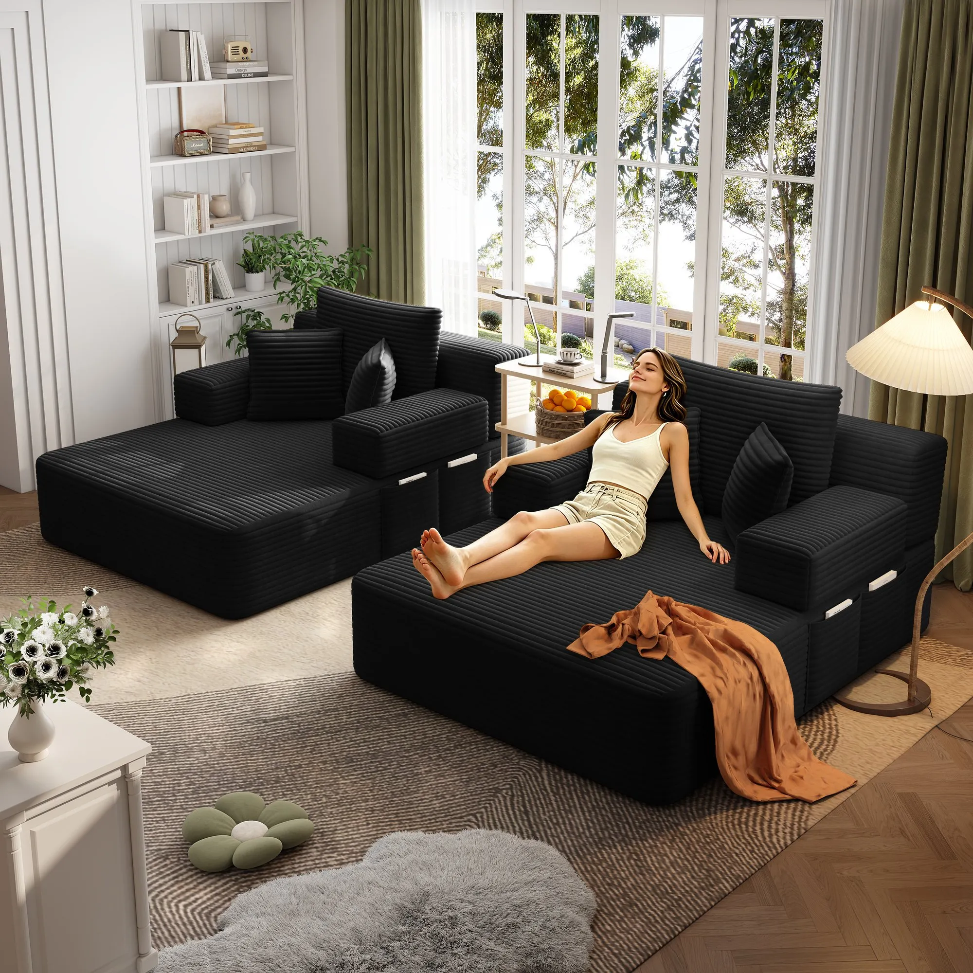 Oversized Corduroy Chaise Lounge Sofa Bed, Convertible Sleeper