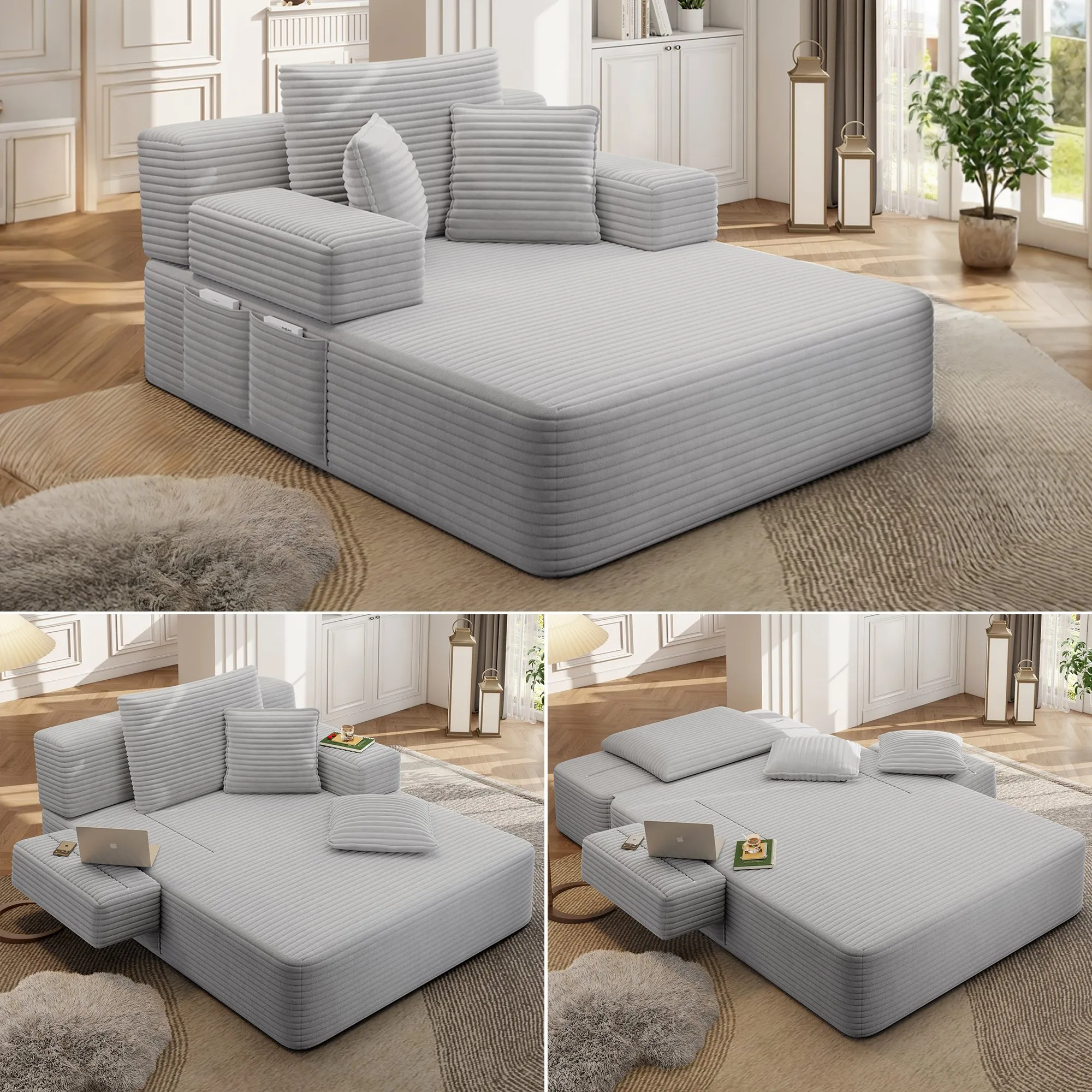 Oversized Corduroy Chaise Lounge Sofa Bed, Convertible Sleeper