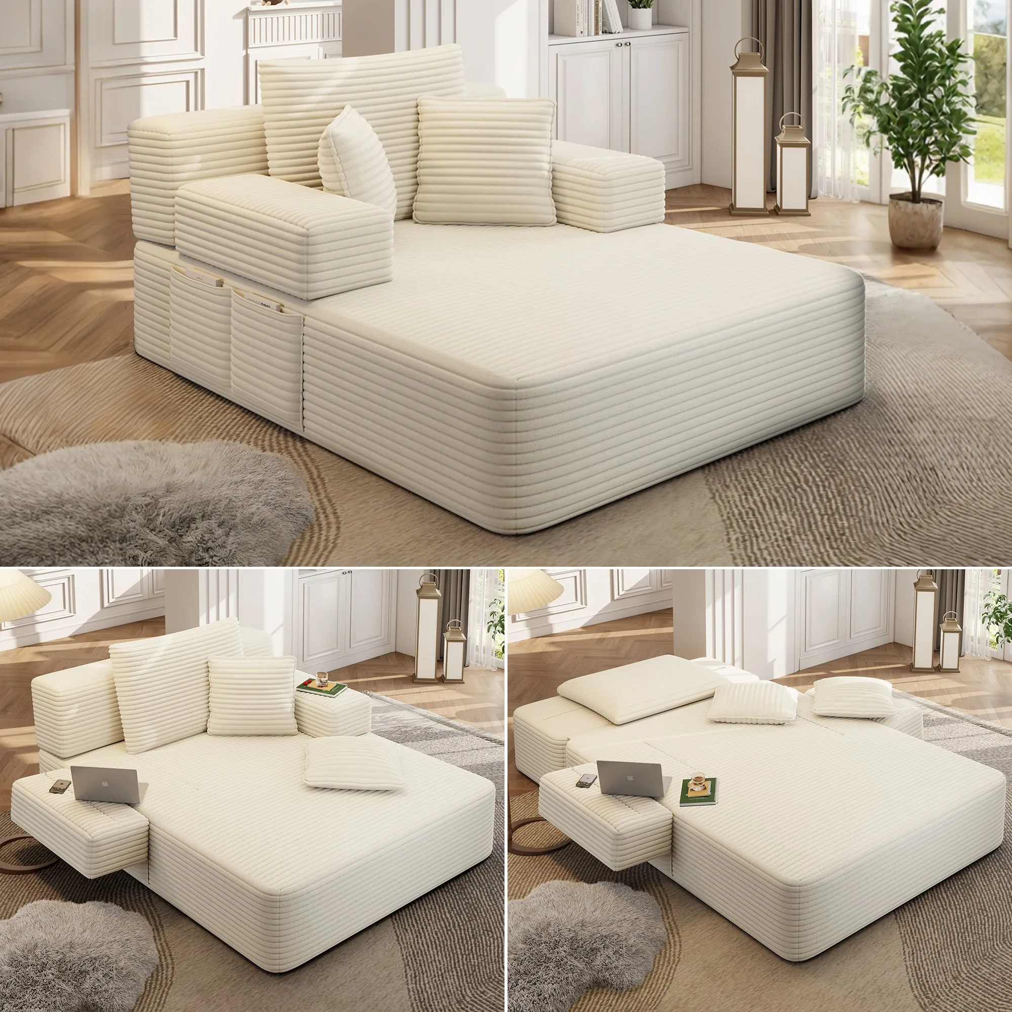 Oversized Corduroy Chaise Lounge Sofa Bed, Convertible Sleeper