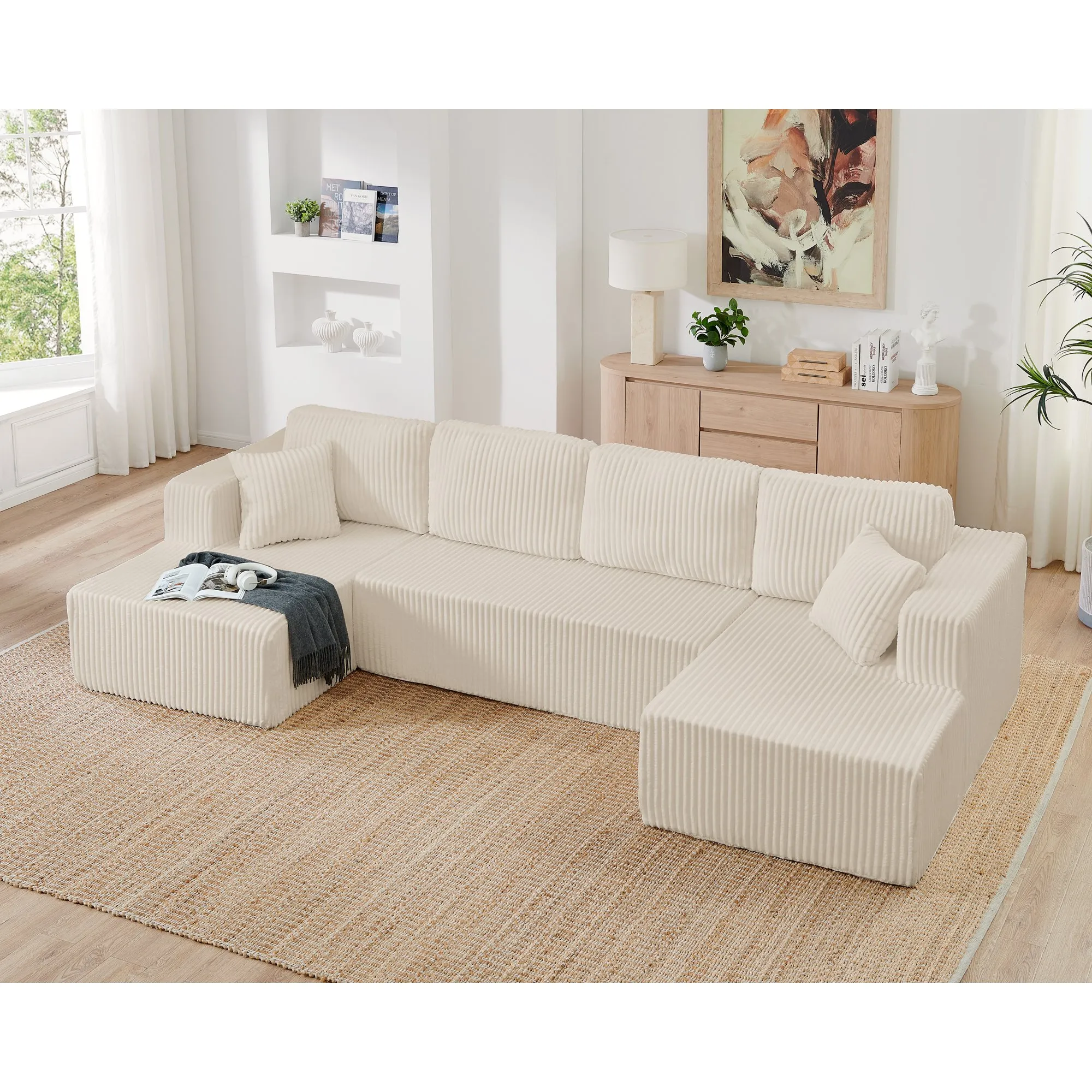 U-Shape Modular Corduroy Sectional Sofa, Compressed Floor Couch