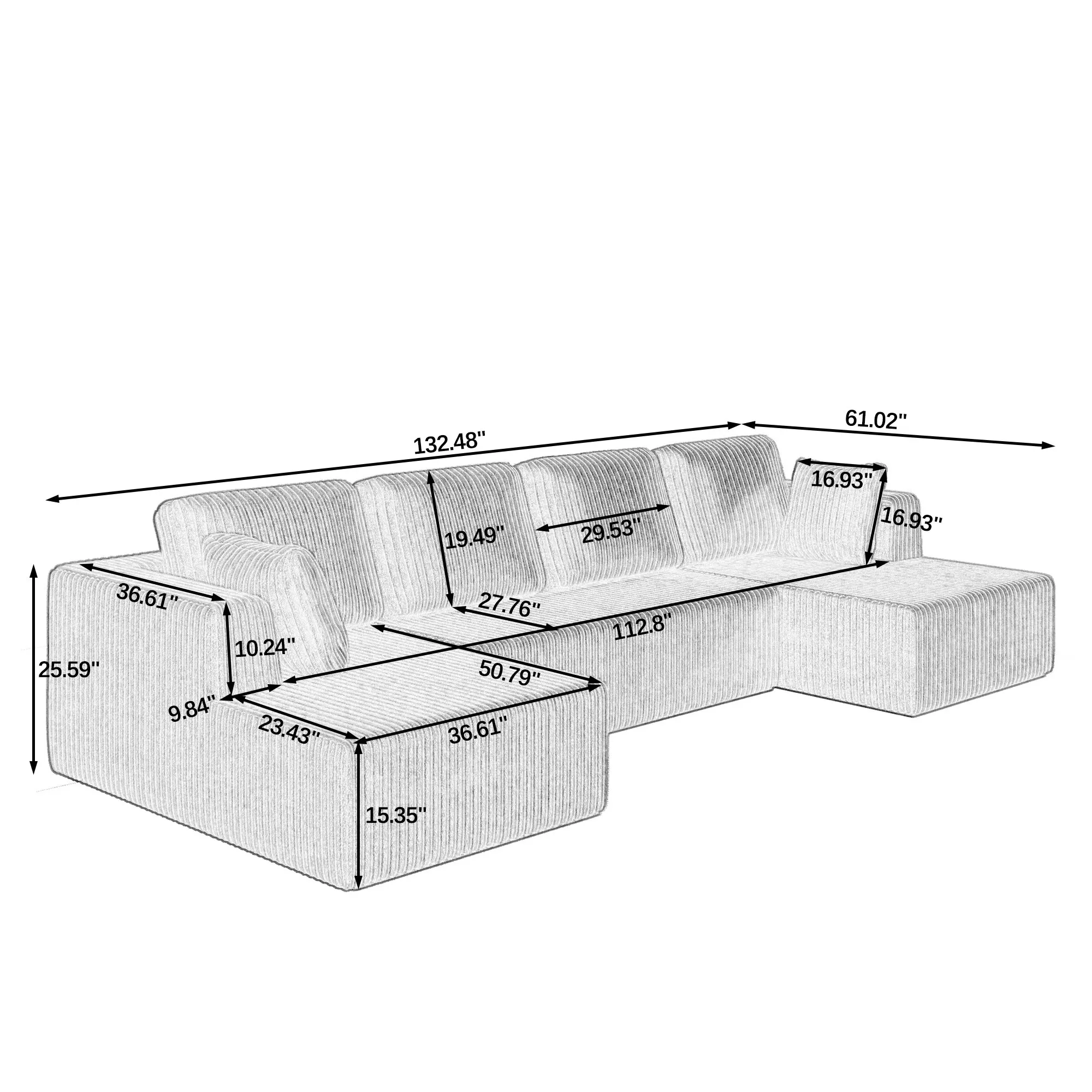 U-Shape Modular Corduroy Sectional Sofa, Compressed Floor Couch
