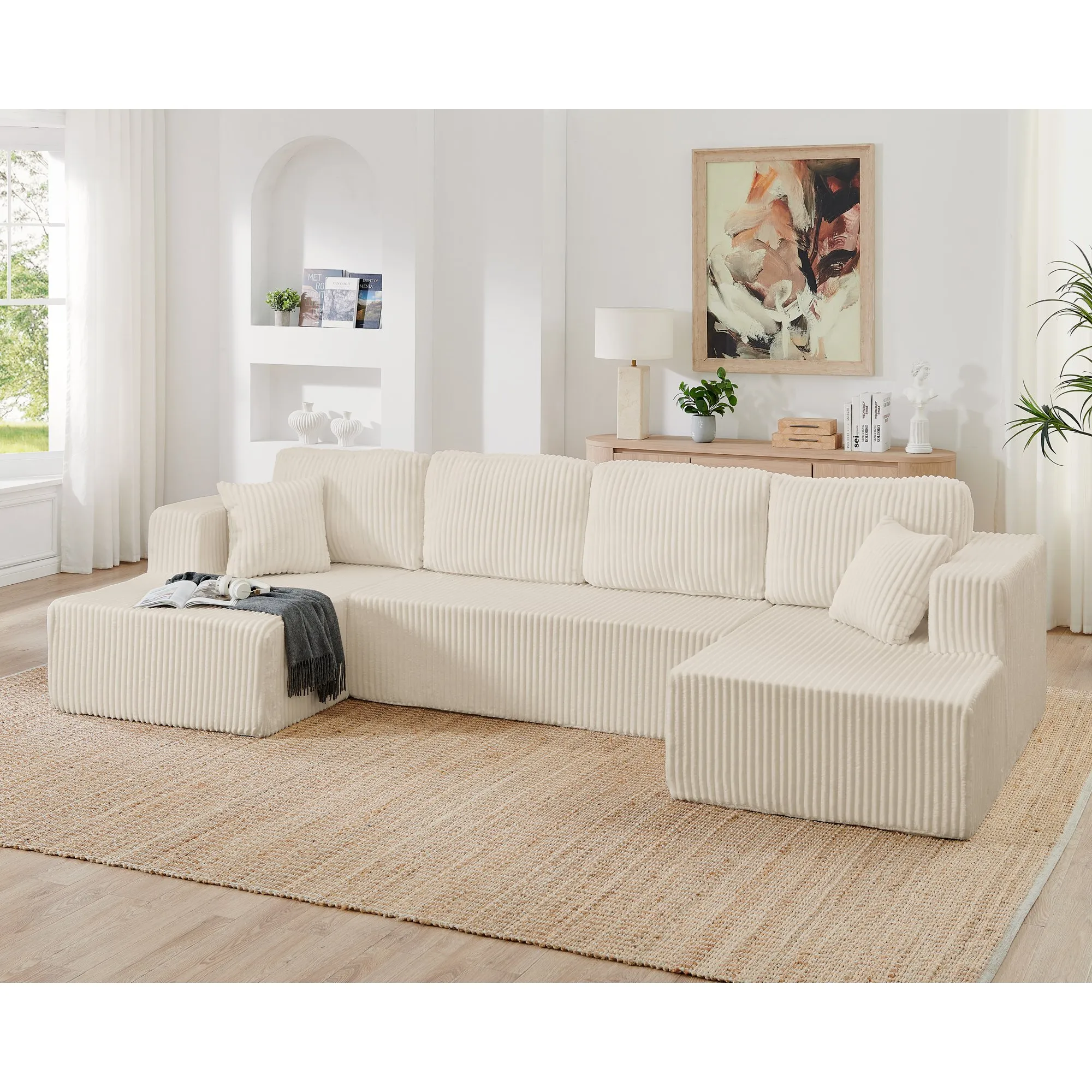 U-Shape Modular Corduroy Sectional Sofa, Compressed Floor Couch