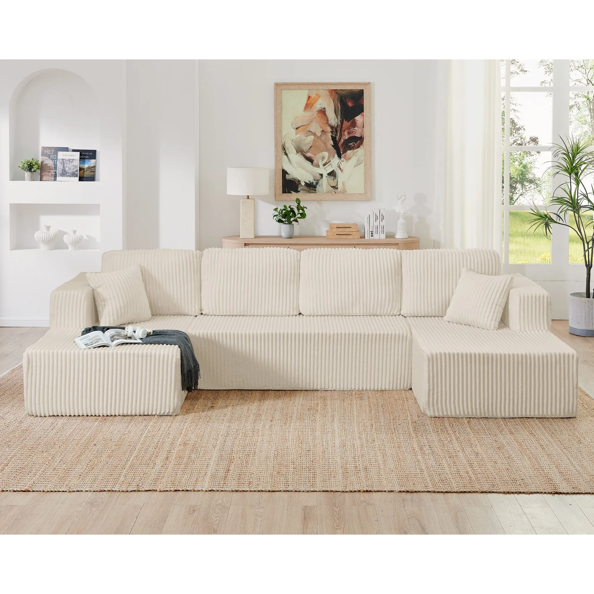 U-Shape Modular Corduroy Sectional Sofa, Compressed Floor Couch