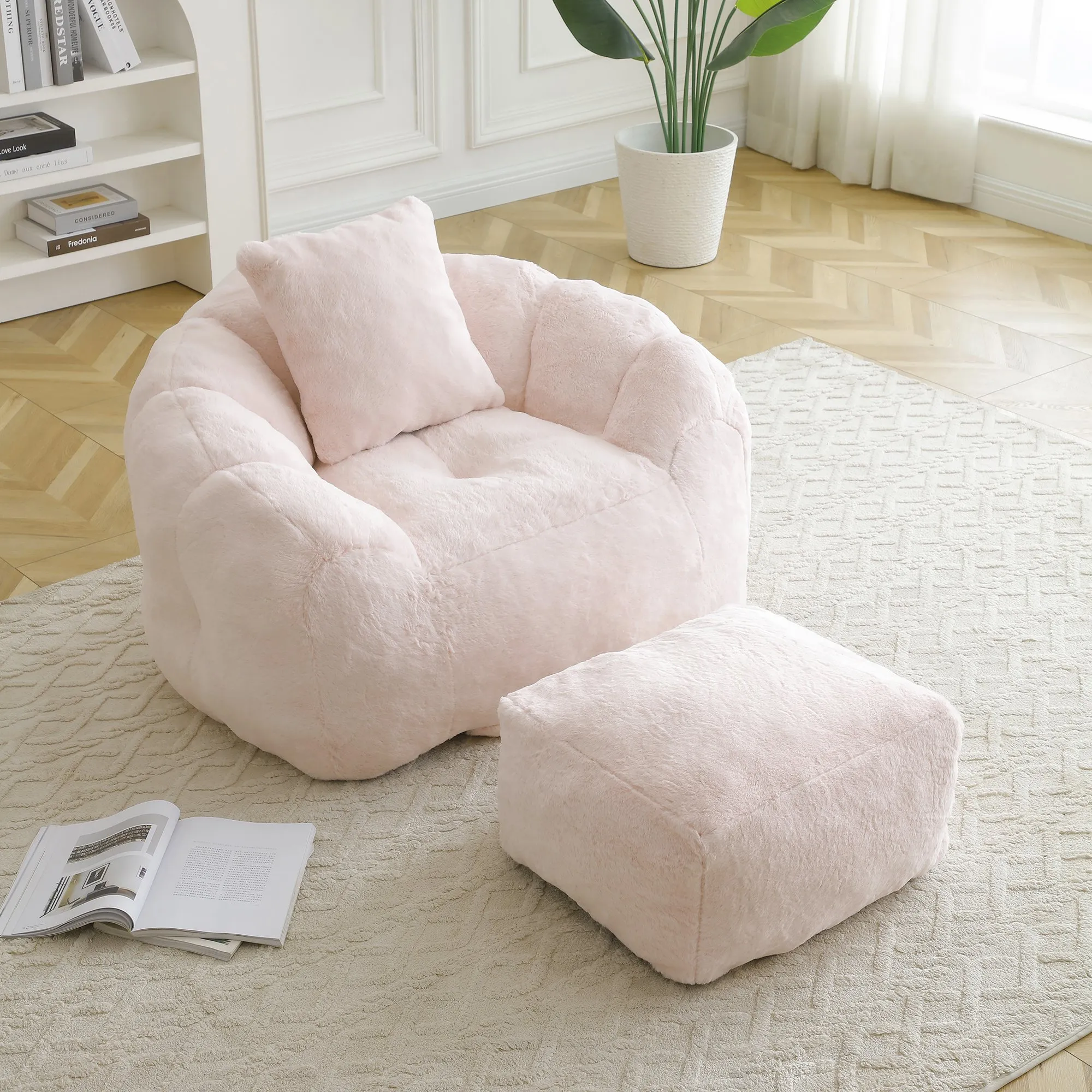 Giant Faux Fur Bean Bag Chair with Footstool for Adults