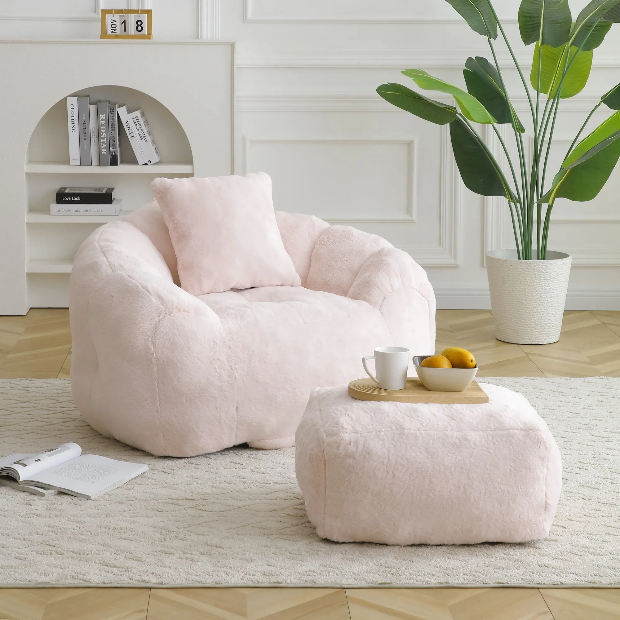 Giant Faux Fur Bean Bag Chair with Footstool for Adults