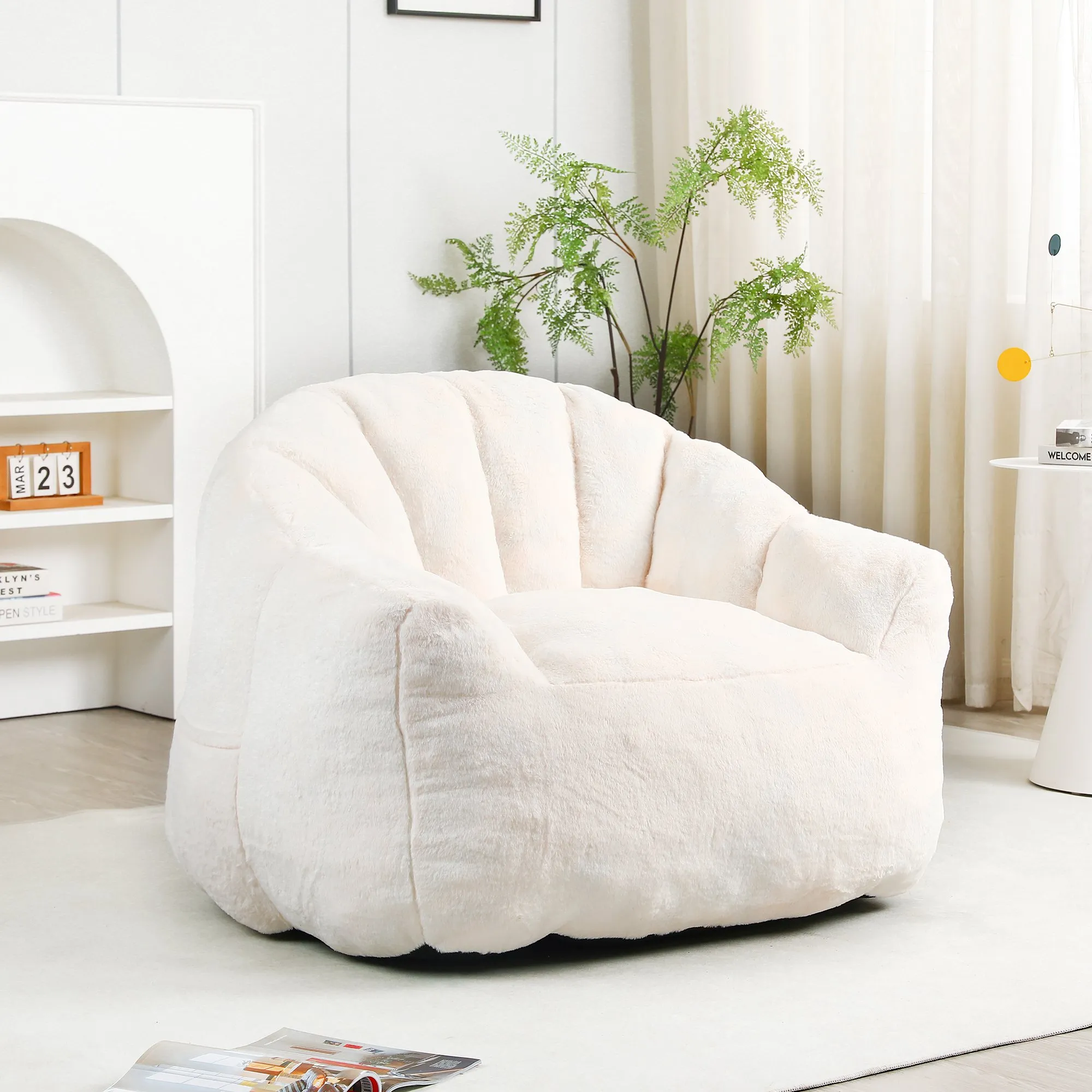 Faux Fur Bean Bag Sofa Chair with Armrests, High-Density Fill