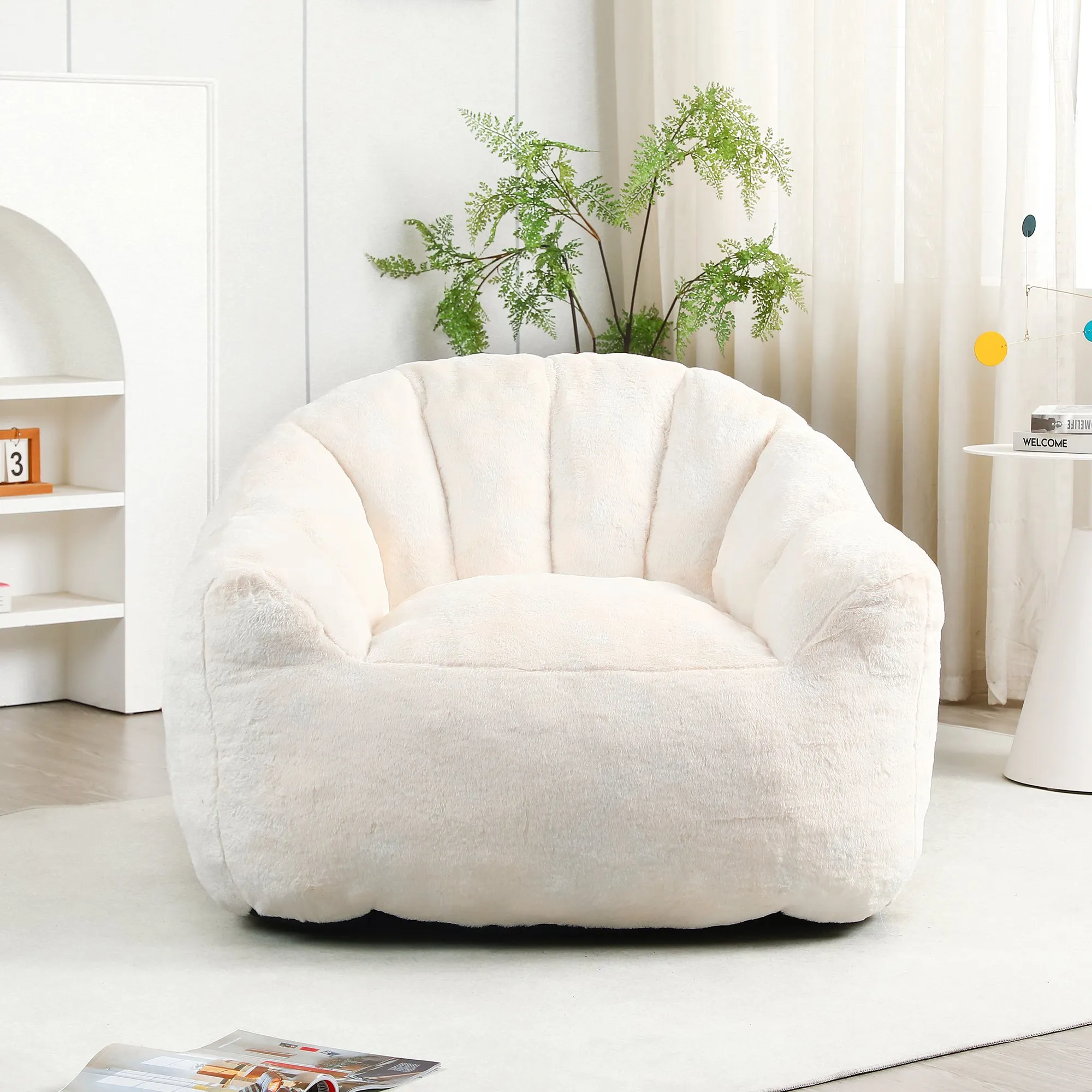Faux Fur Bean Bag Sofa Chair with Armrests, High-Density Fill