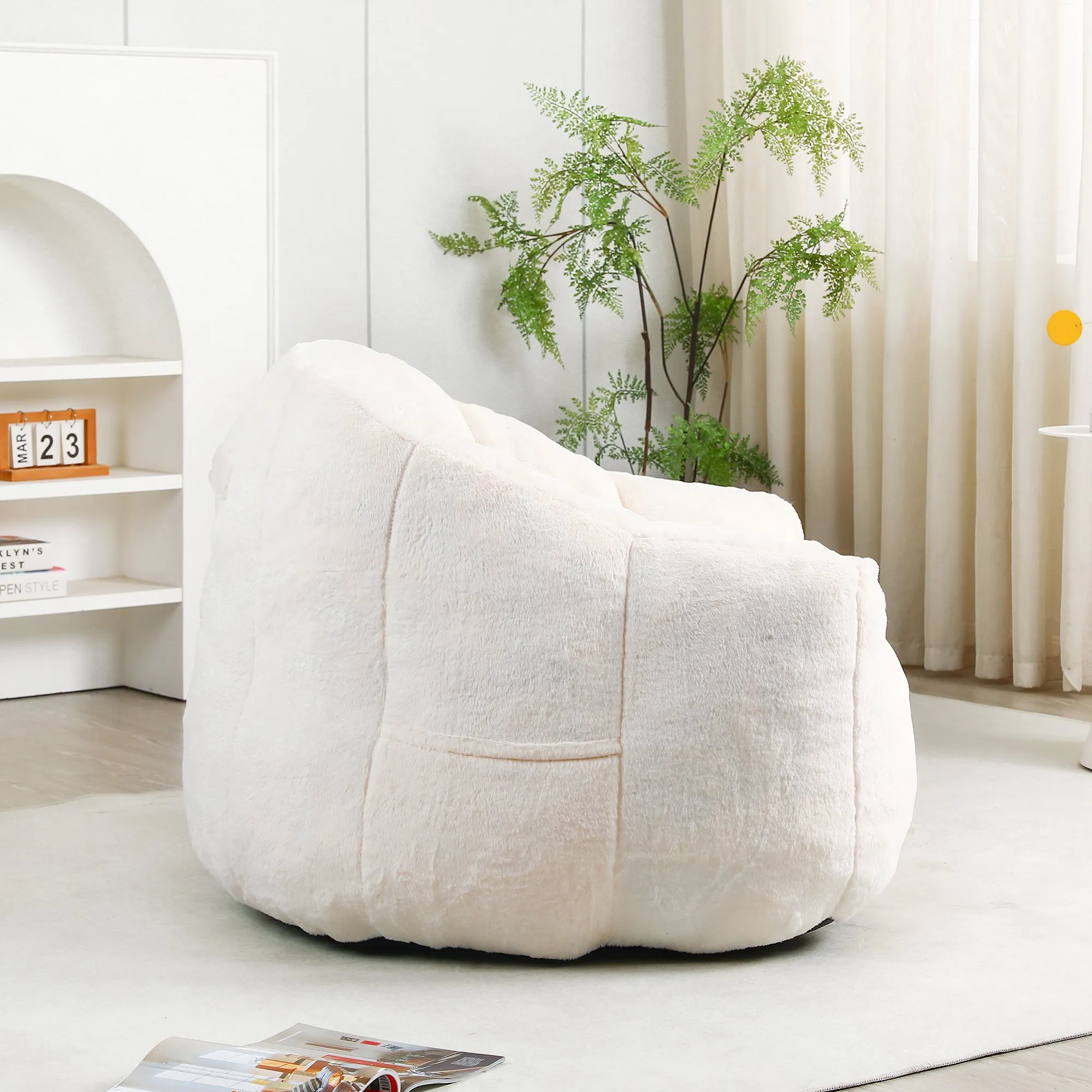 Faux Fur Bean Bag Sofa Chair with Armrests, High-Density Fill