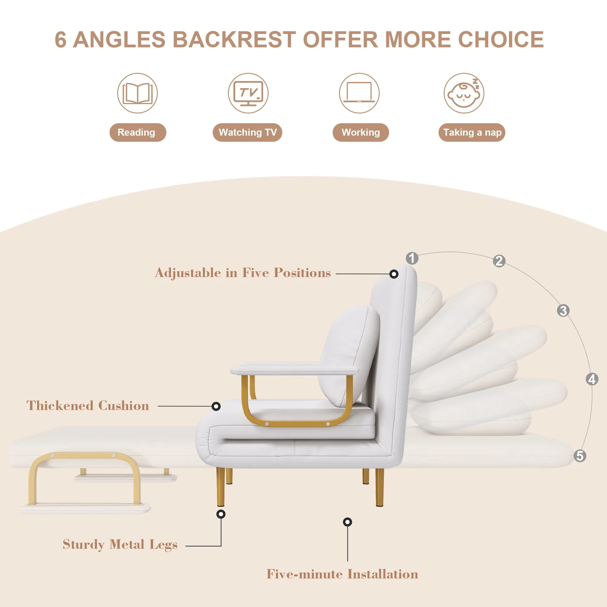 3-in-1 Folding Sofa Bed Chair, 5-Position Adjustable Backrest