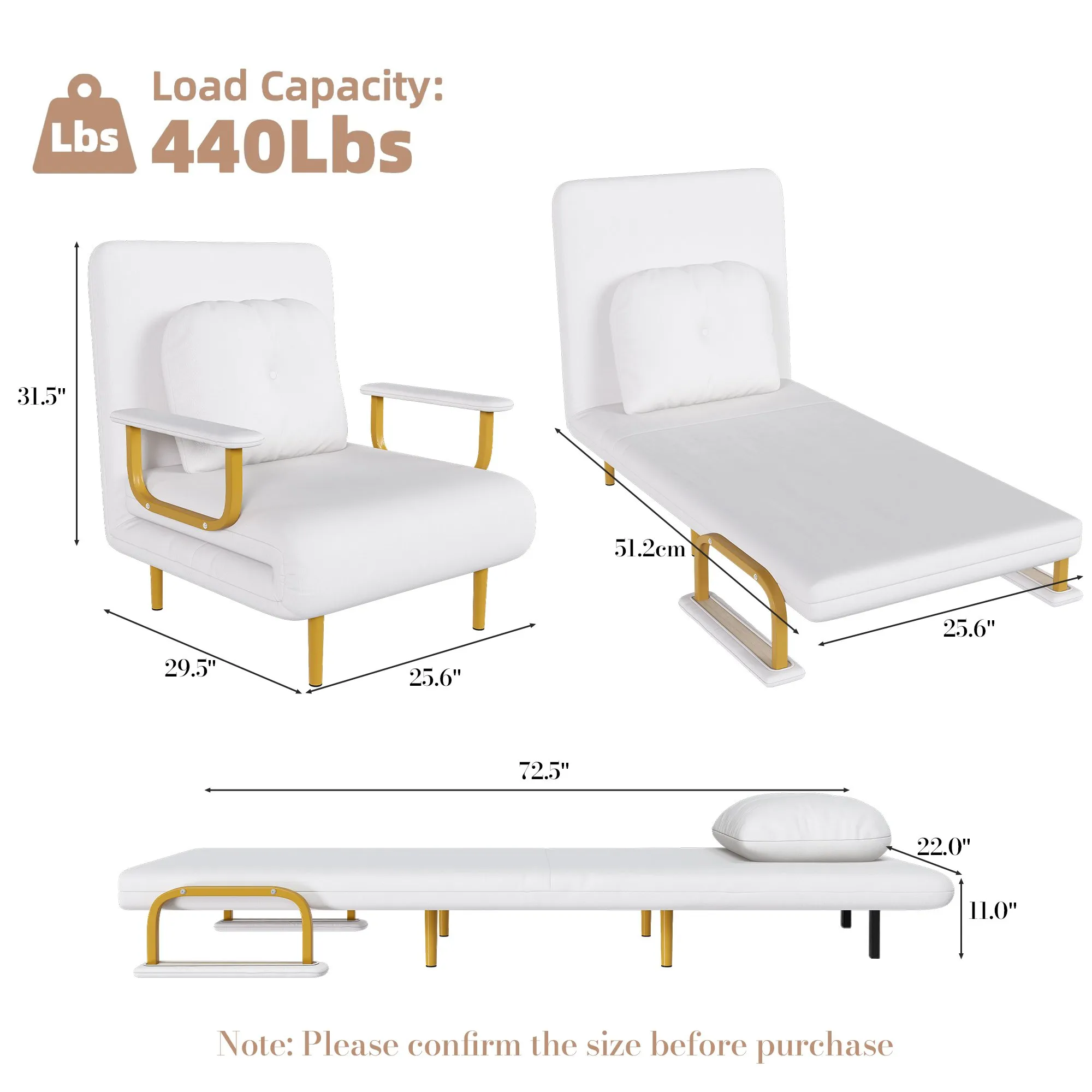 3-in-1 Folding Sofa Bed Chair, 5-Position Adjustable Backrest