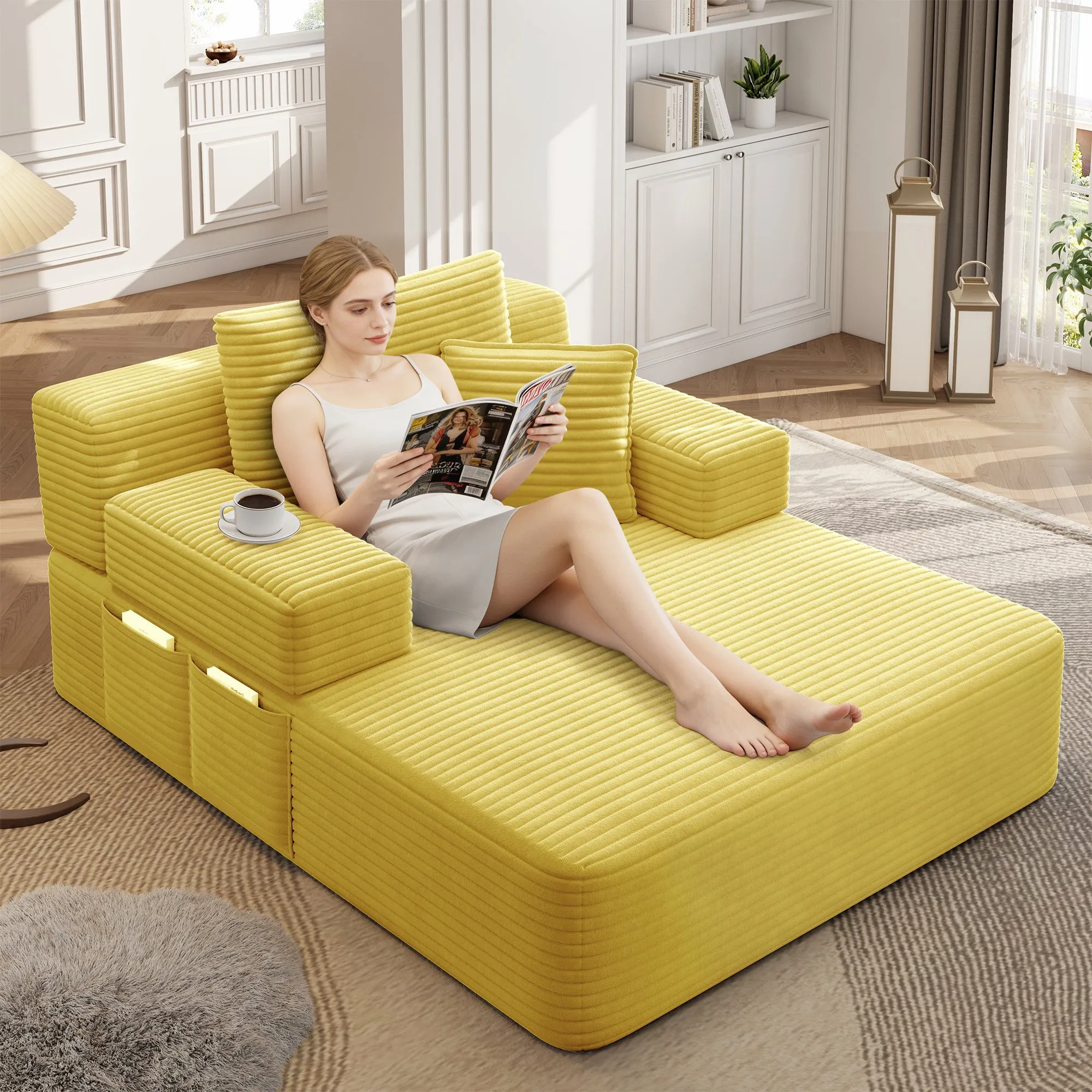 Oversized Plush Corduroy Chaise Lounge Sofa Bed, Convertible