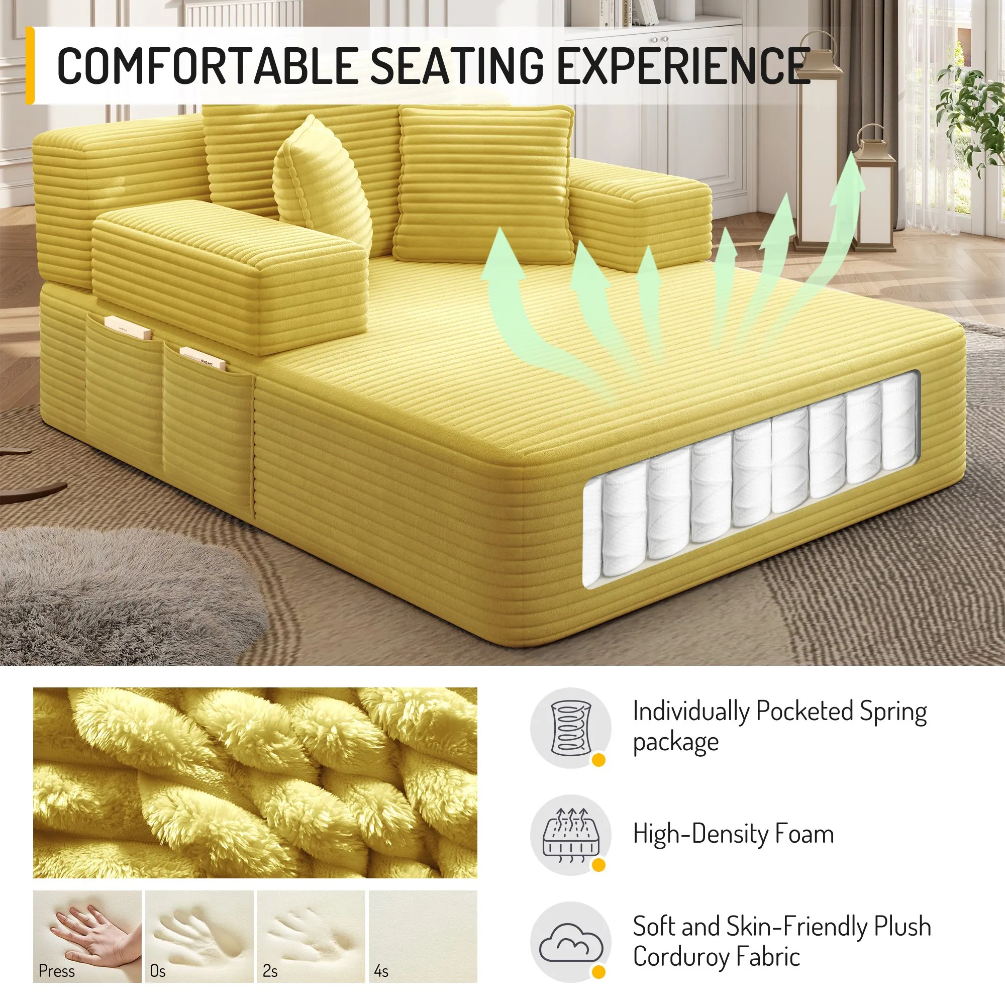 Oversized Plush Corduroy Chaise Lounge Sofa Bed, Convertible