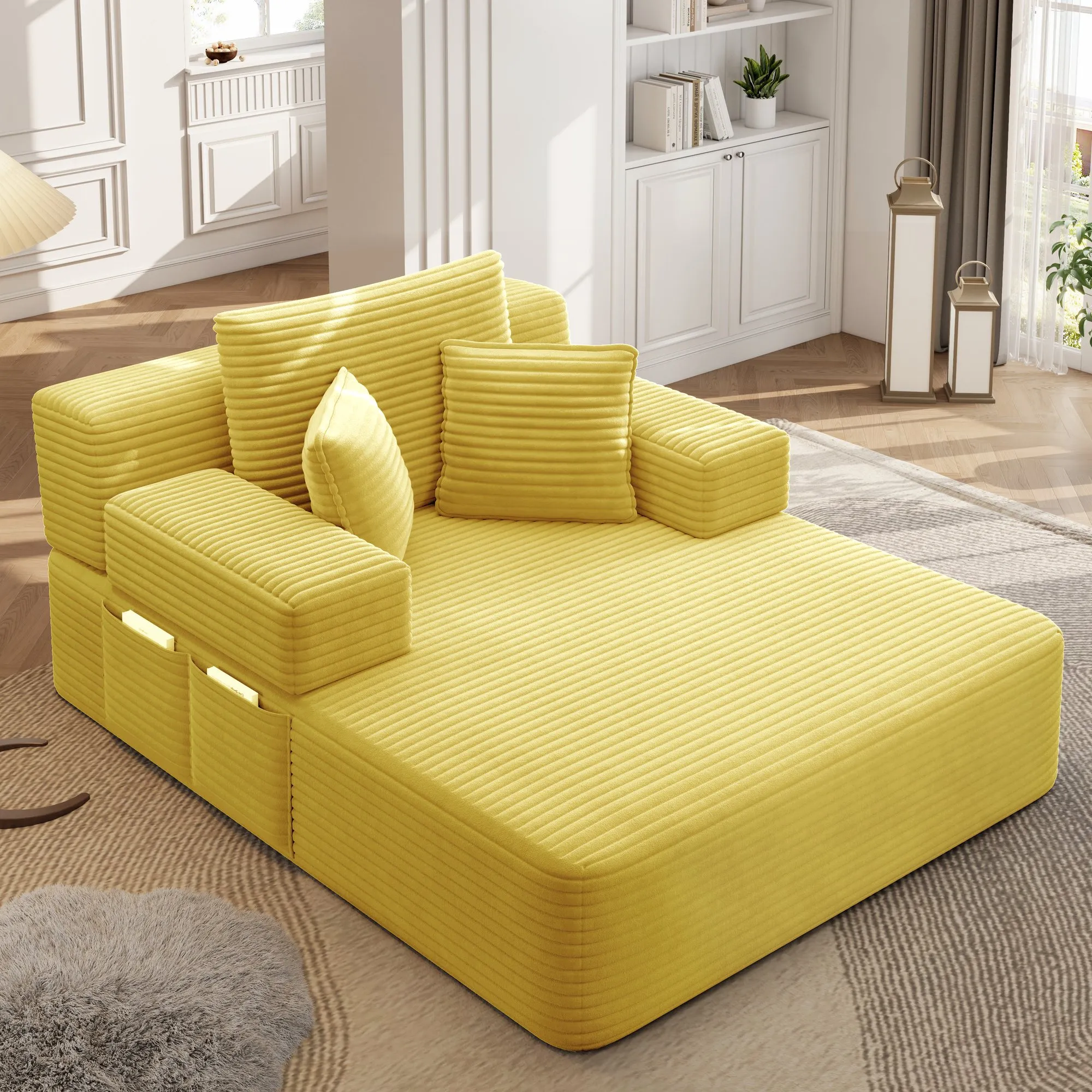 Oversized Plush Corduroy Chaise Lounge Sofa Bed, Convertible